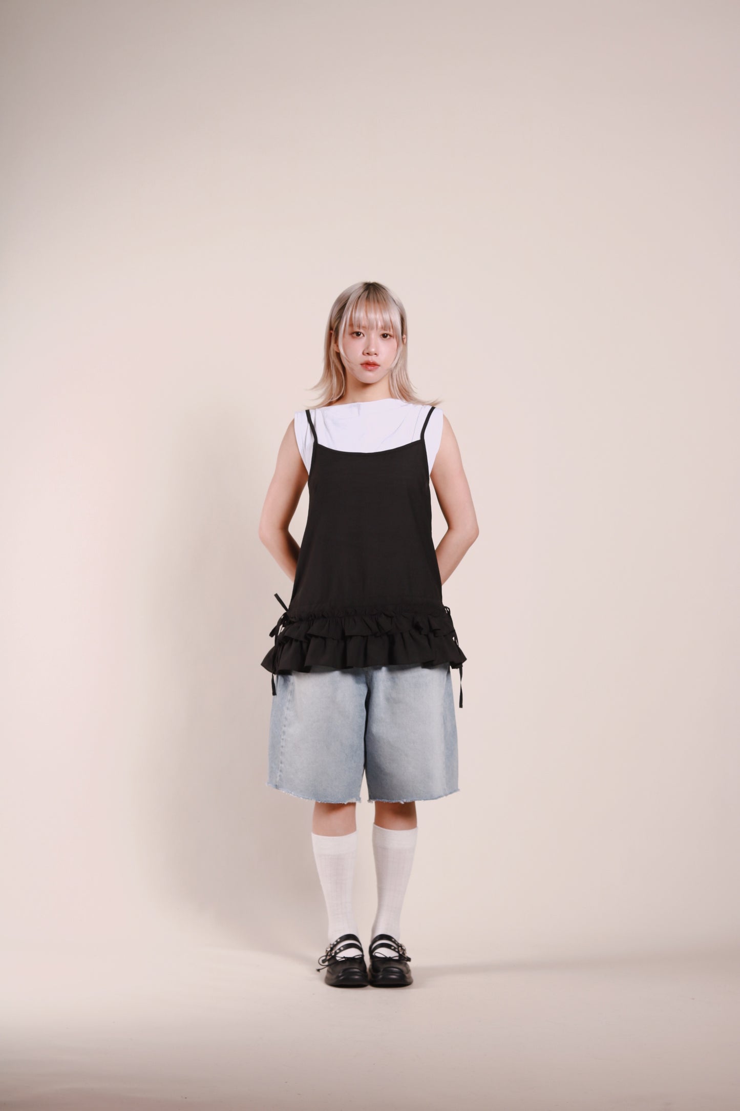 Double Ruffle Sleeveless Top (Black)