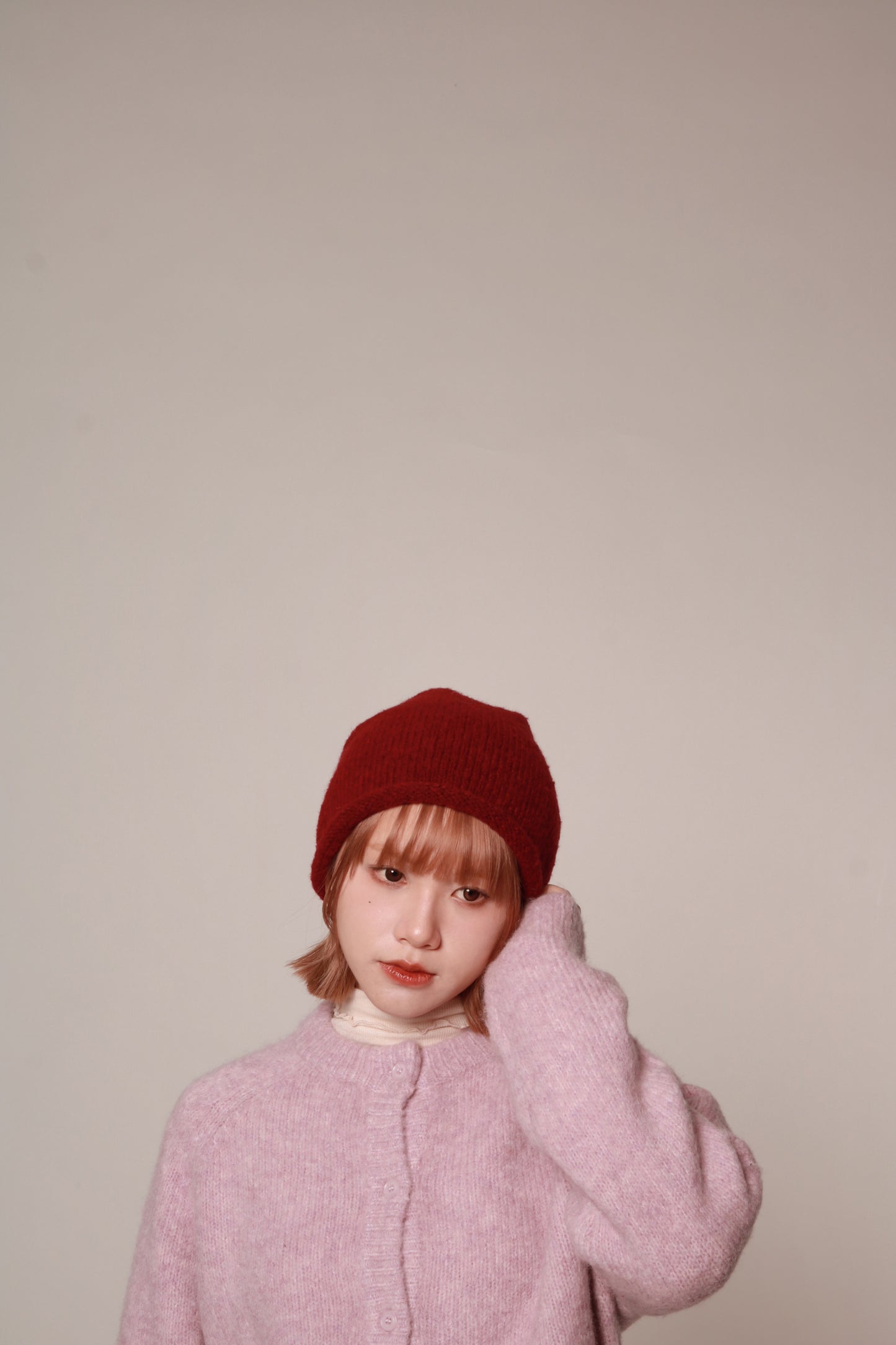 Gathered Ribbon Beanie (Beige/Black/Charcoal/Pink/Red)