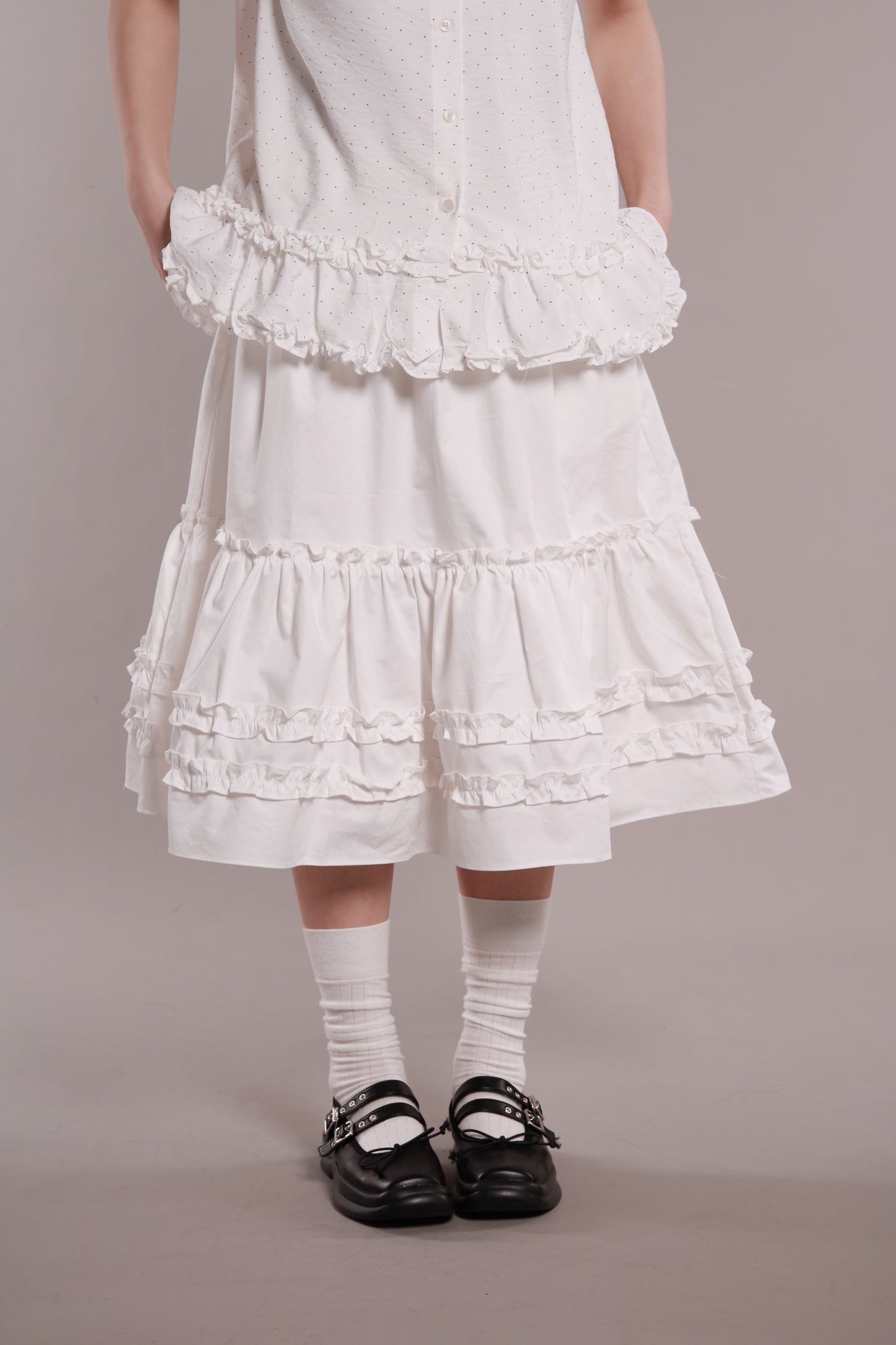 Doll Ruffle Midi Skirt (White)