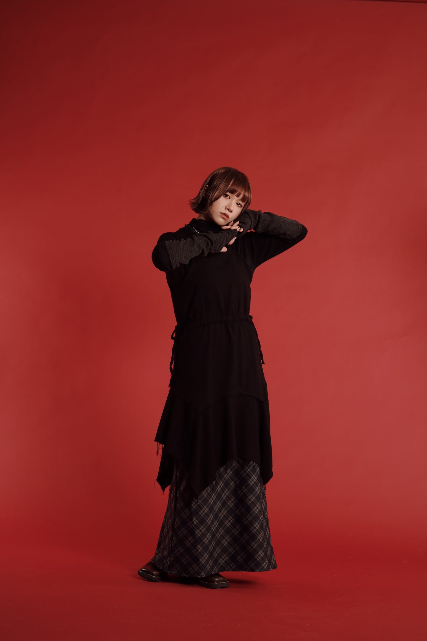 Checkered Slit Skirt (Navy)