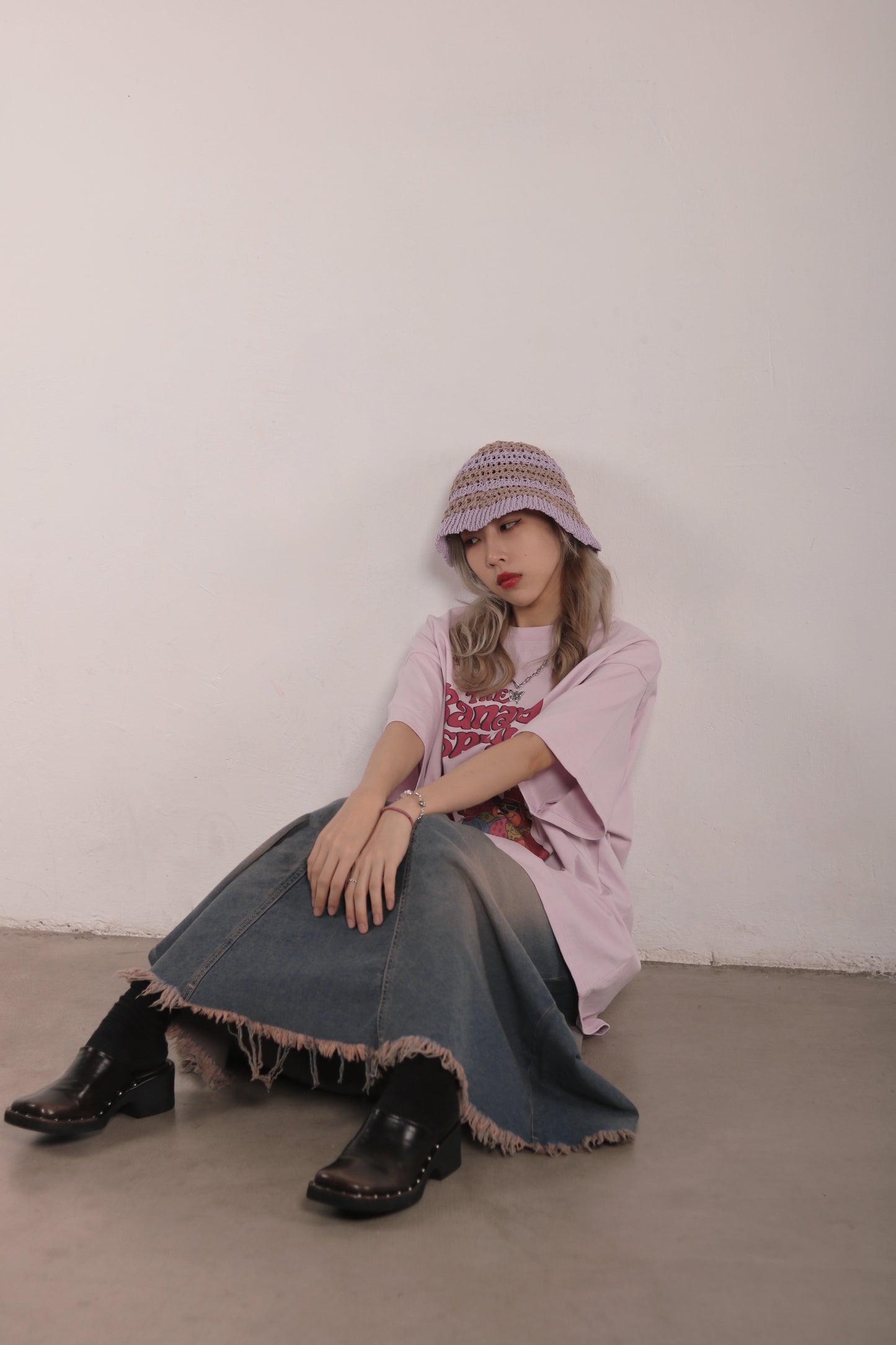 Striped Knit Hat (Beige/Black/Purple)