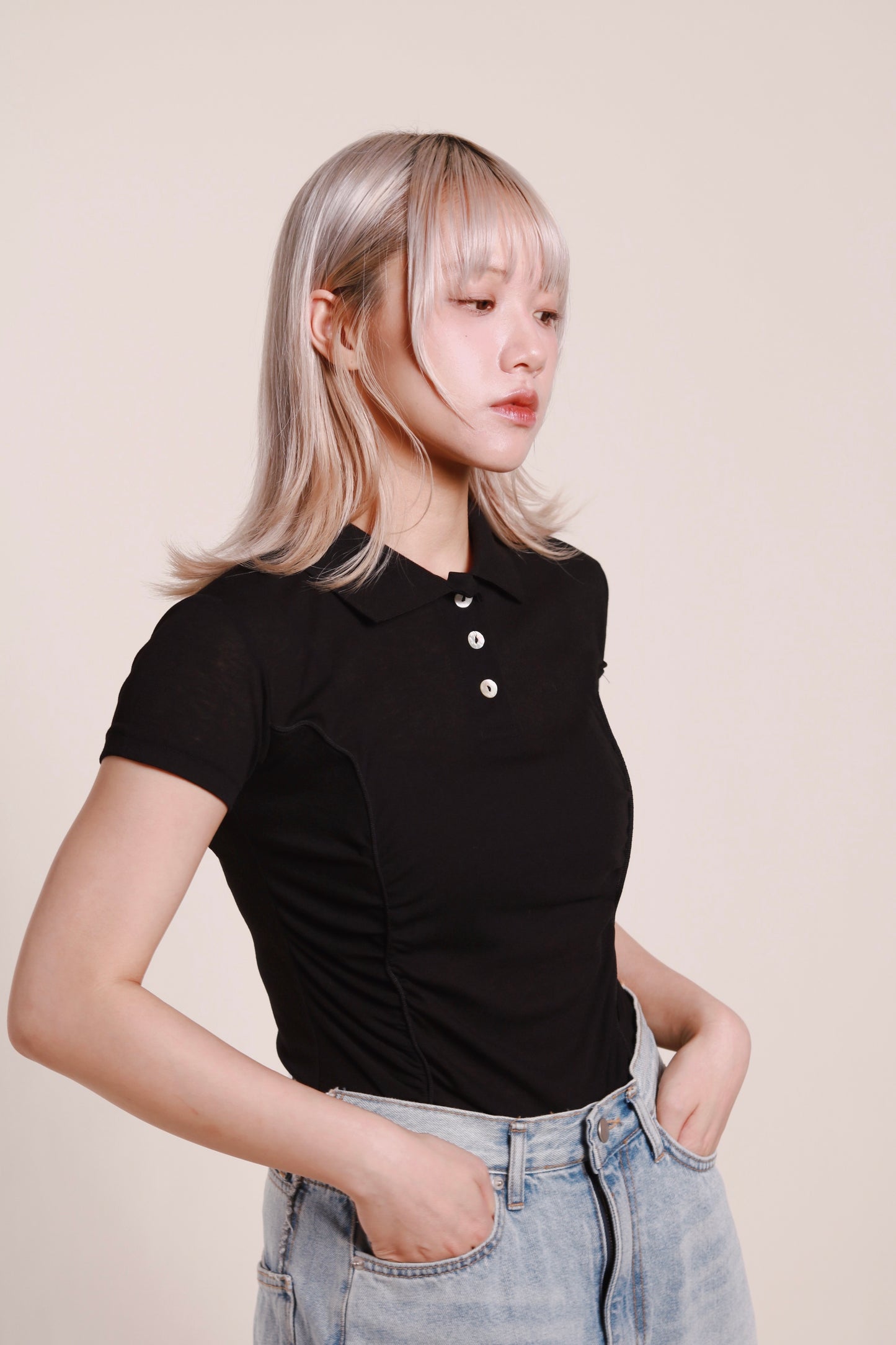 Gathered Polo Top (Black)