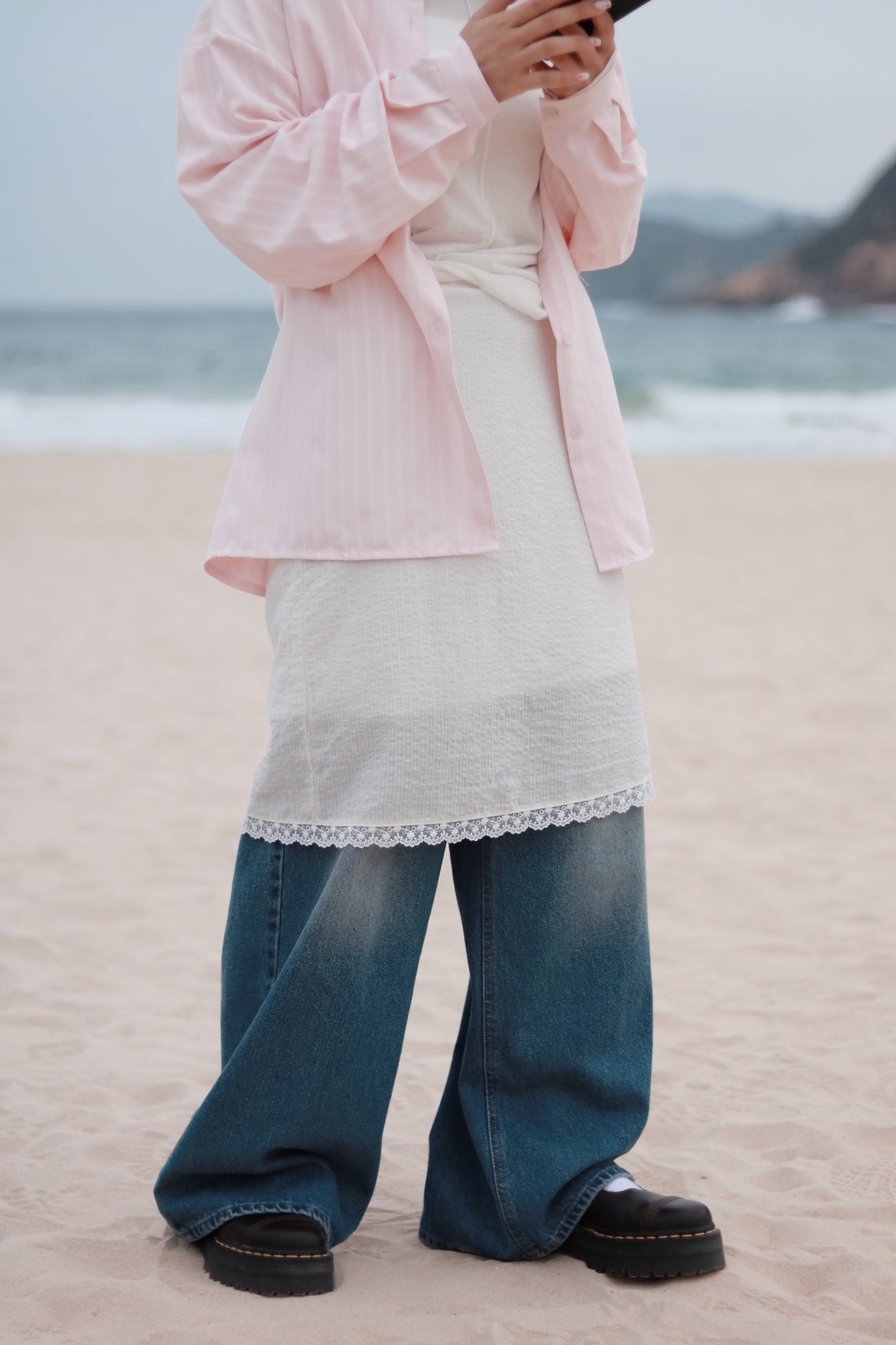 Striped  Lace Mini Skirt (White)