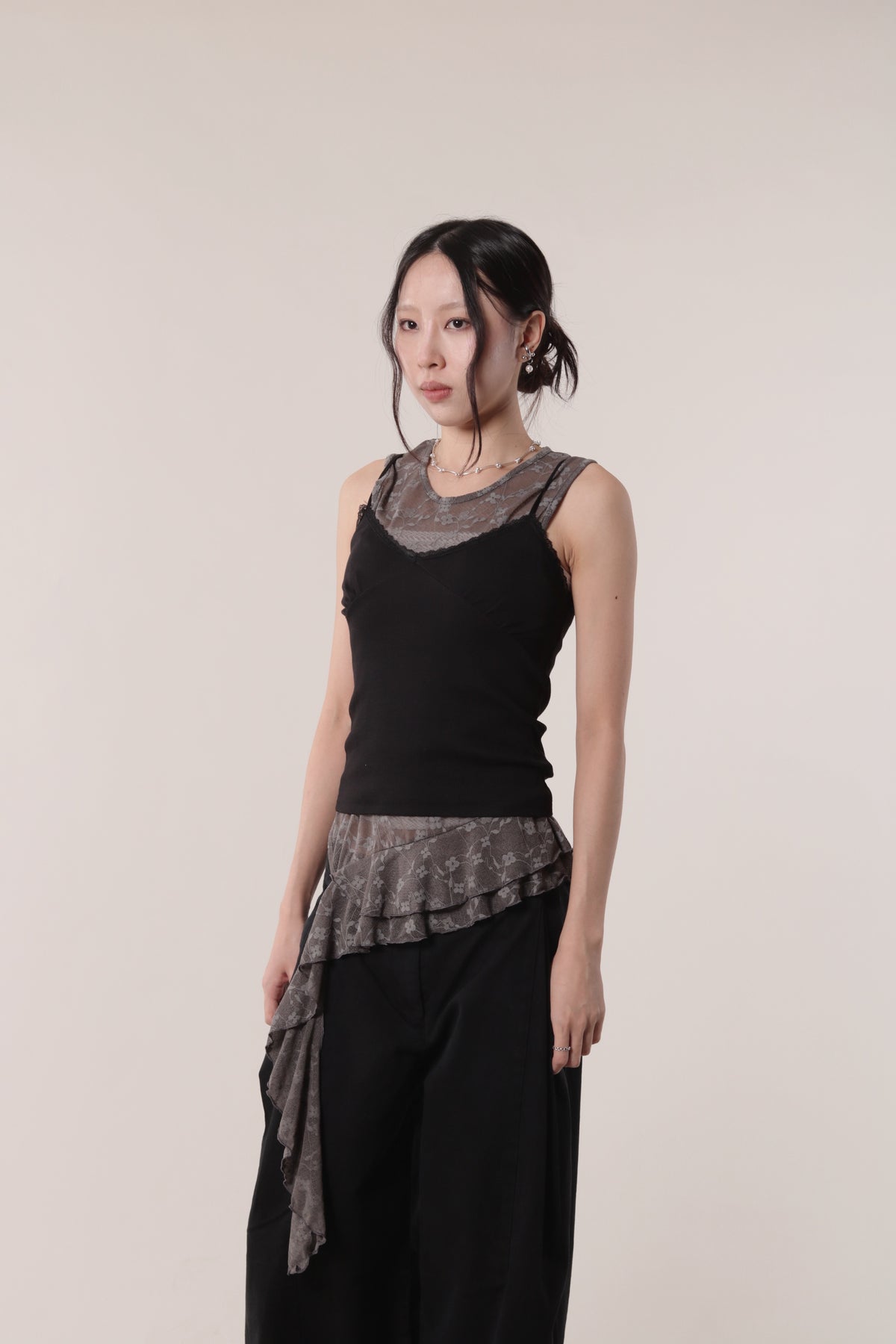 Mesh Flower Sleeveless Top (Charcoal)