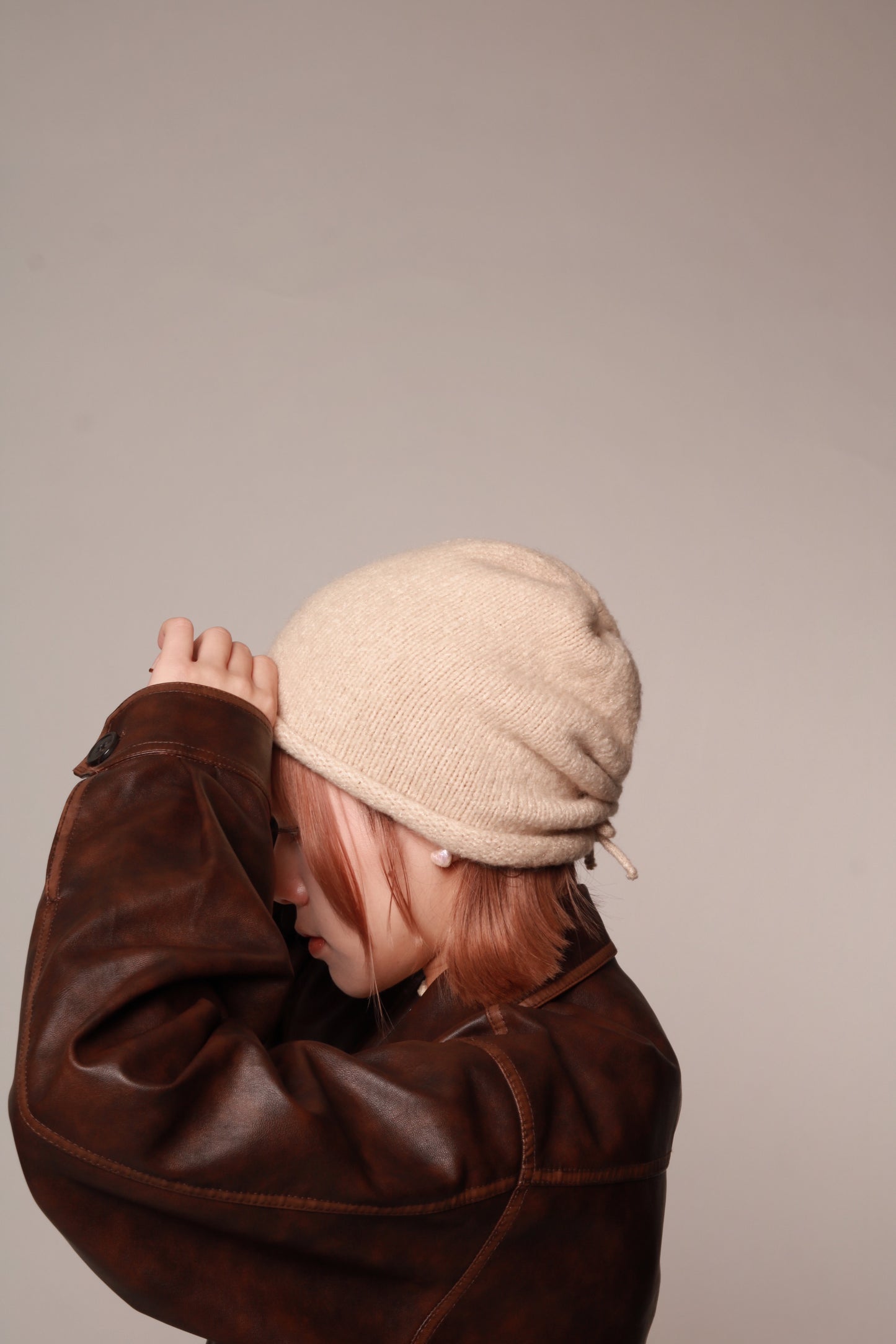 Gathered Ribbon Beanie (Beige/Black/Charcoal/Pink/Red)