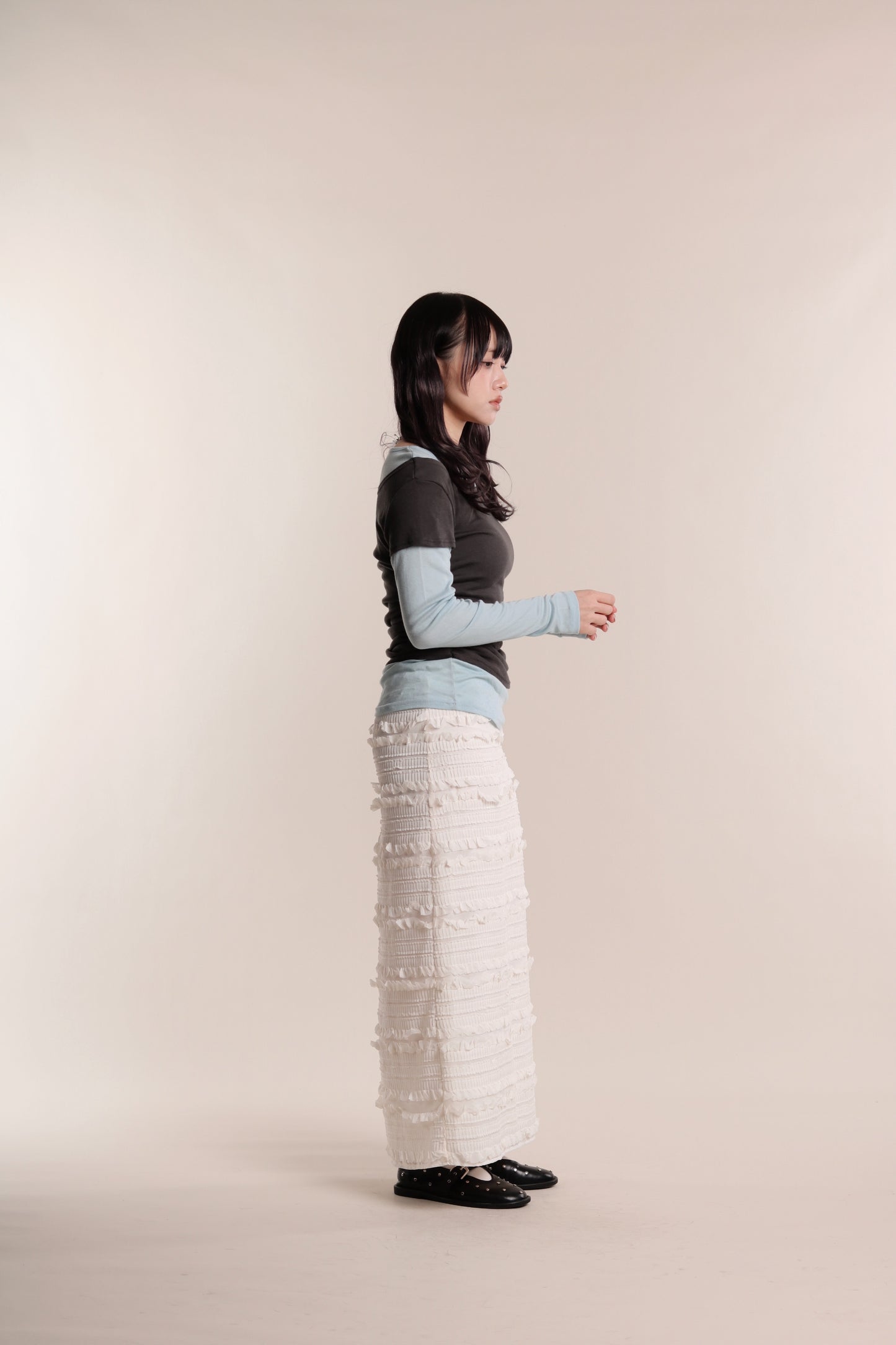 Textured Ruffle Maxi Skirt (Ivory)