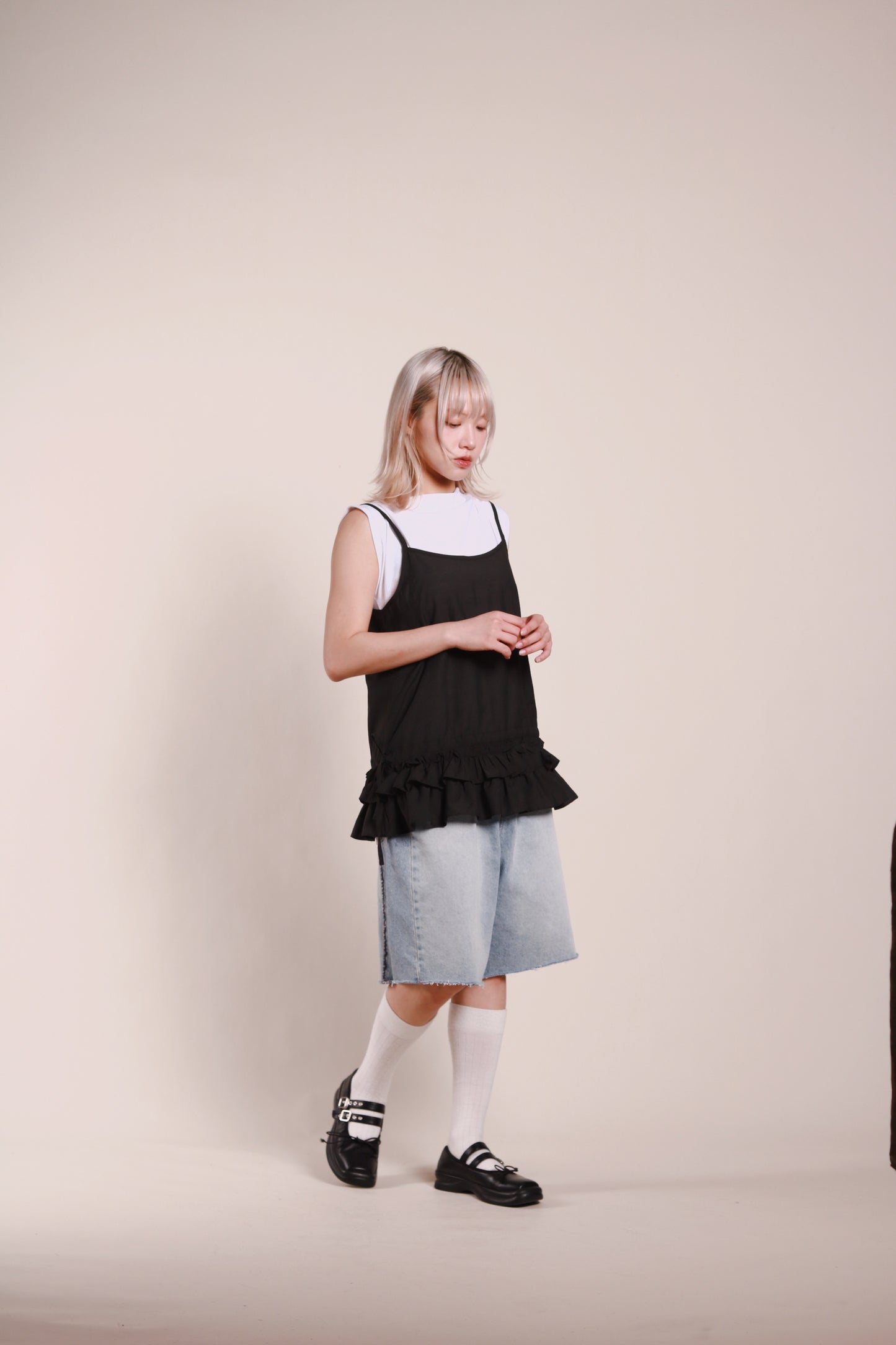 Double Ruffle Sleeveless Top (Black)