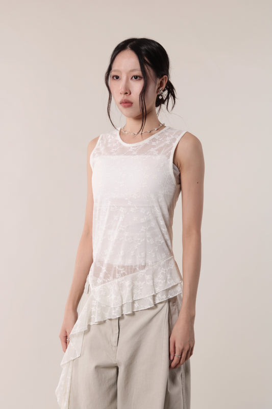 Mesh Flower Sleeveless Top (Ivory)