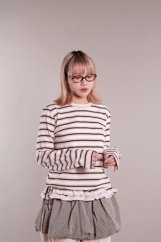 Frilled Lace Stripe Top (Ivory)