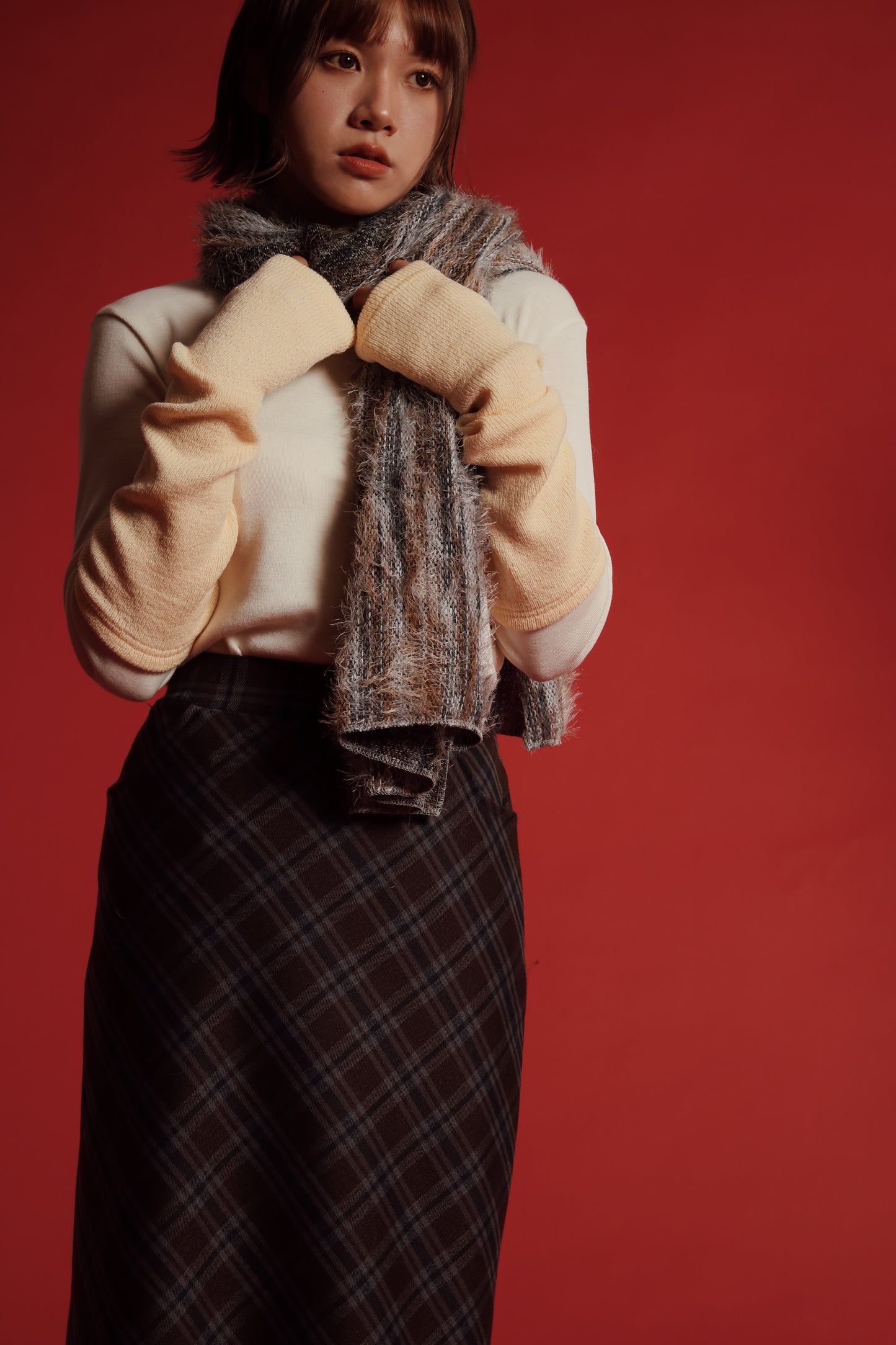 Checkered Slit Skirt (Brown)