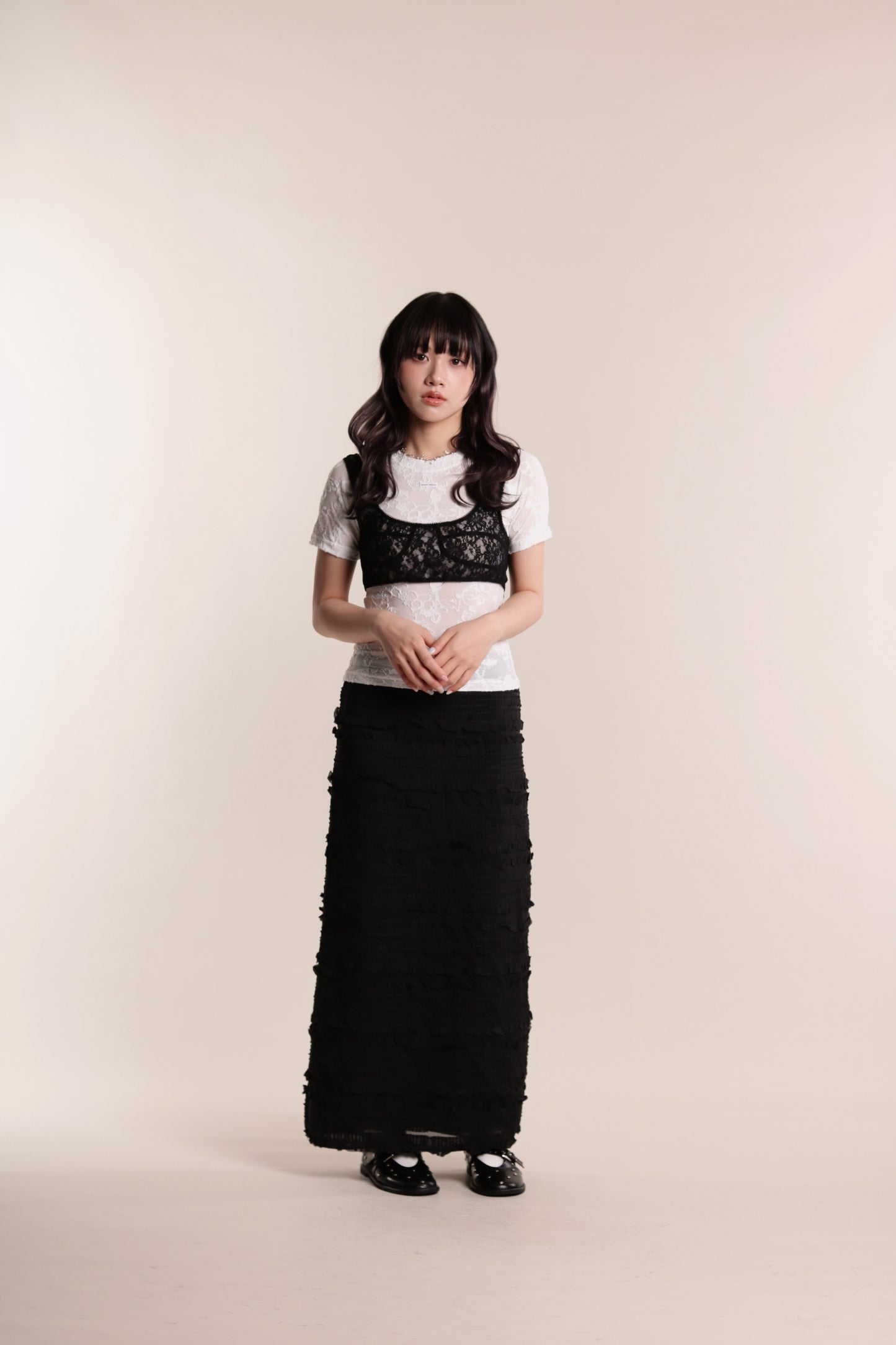 Textured Ruffle Maxi Skirt (Black)