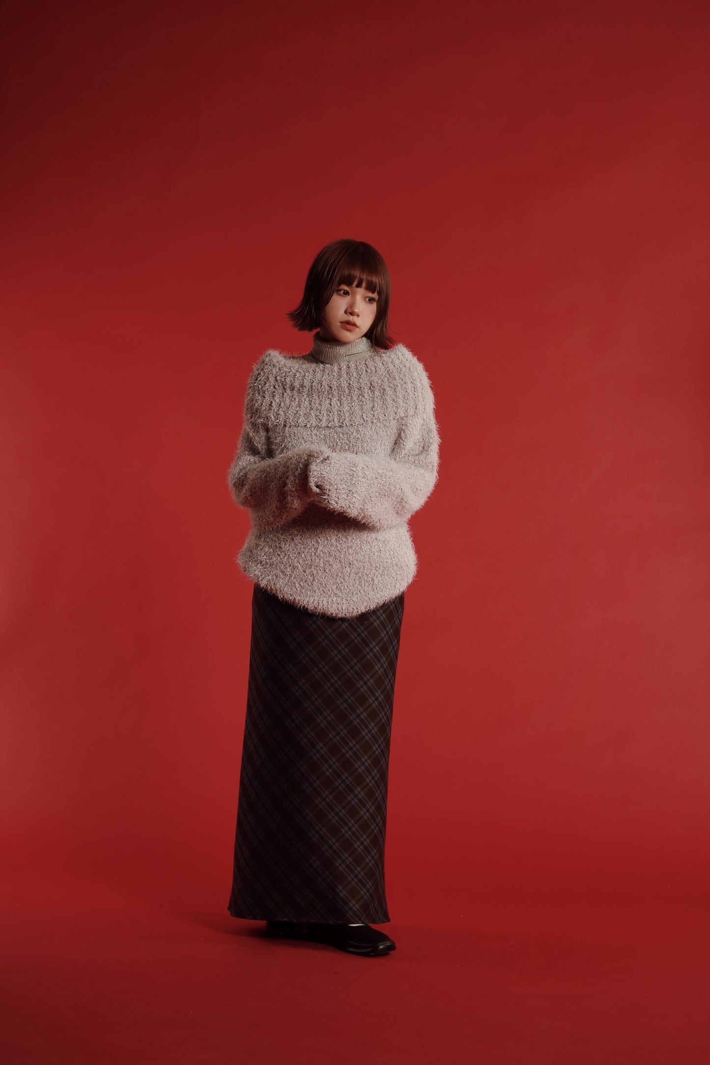 Checkered Slit Skirt (Brown)