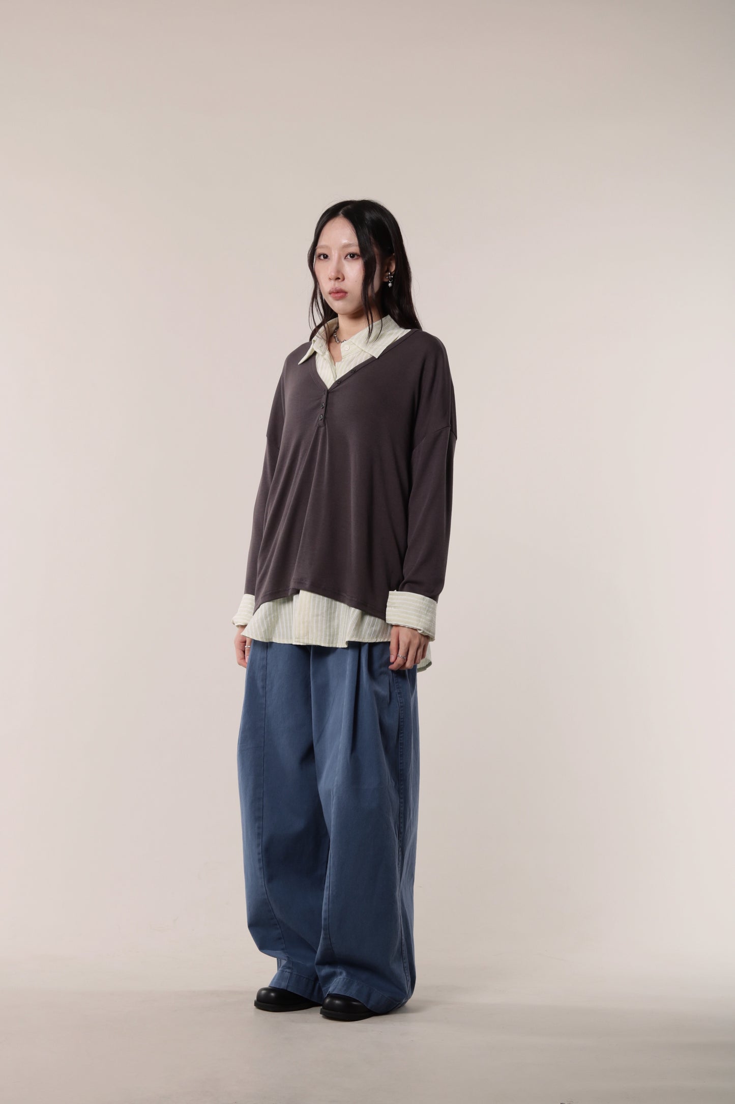 Lazy Button Long Tee (Charcoal)