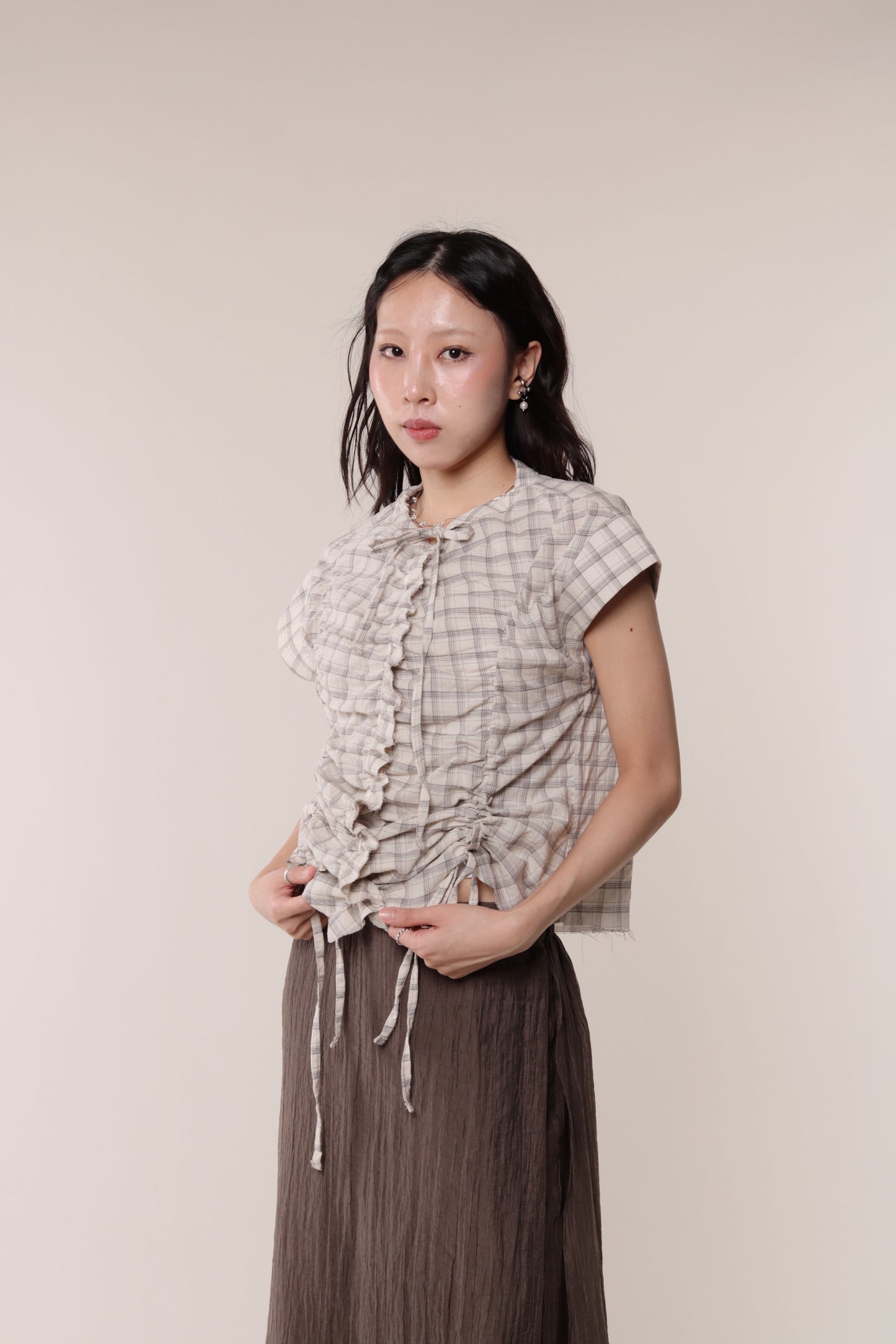 Gathered Check Shirt (Beige)