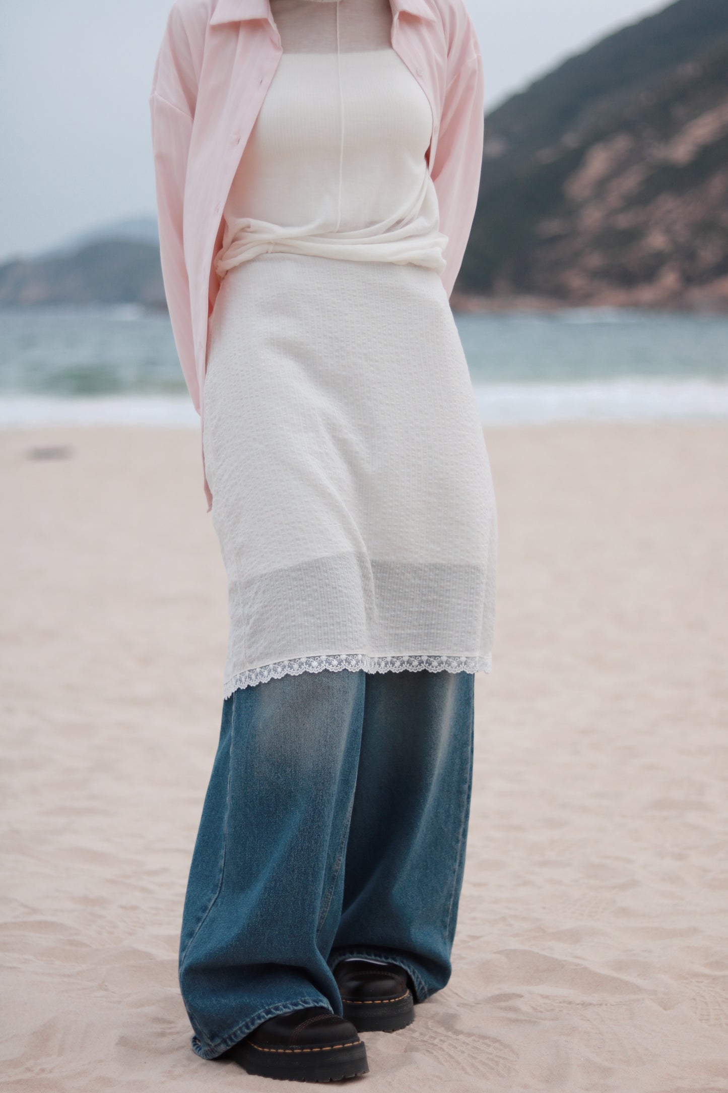 Striped  Lace Mini Skirt (White)