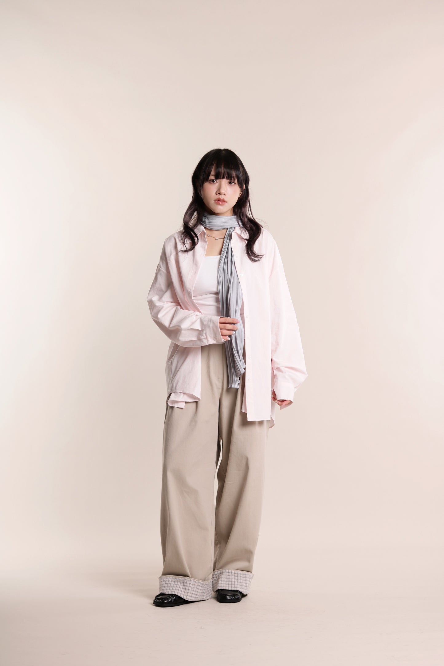 Check Detail Pleated Pants (Beige)