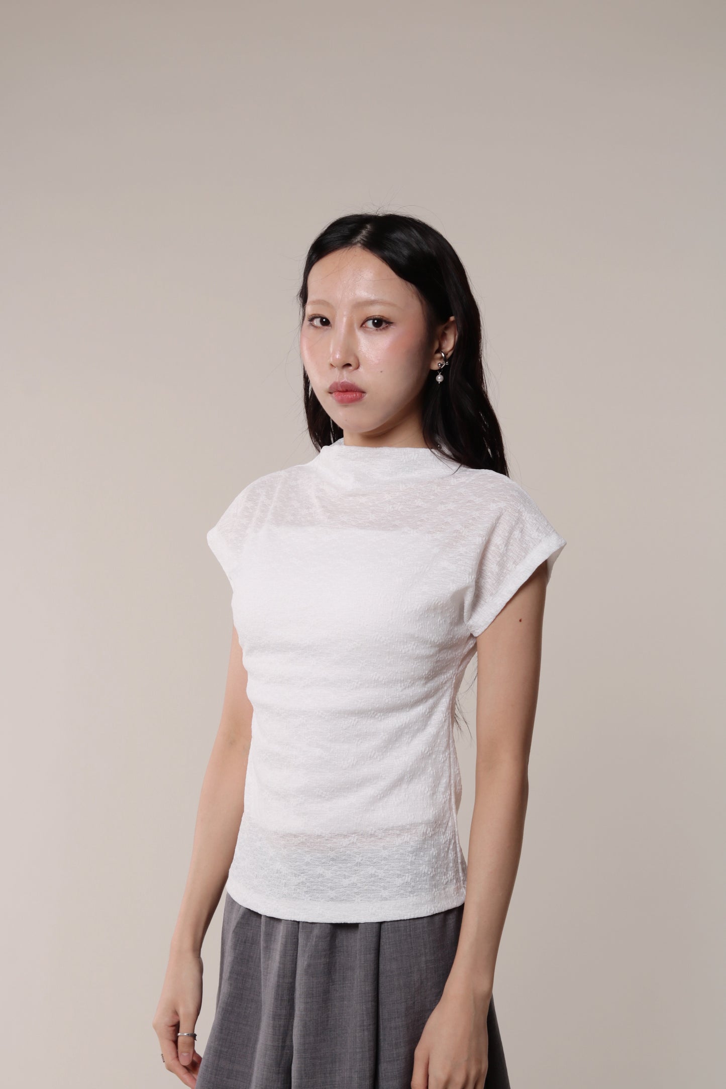 Mesh Mock Neck Top (White)
