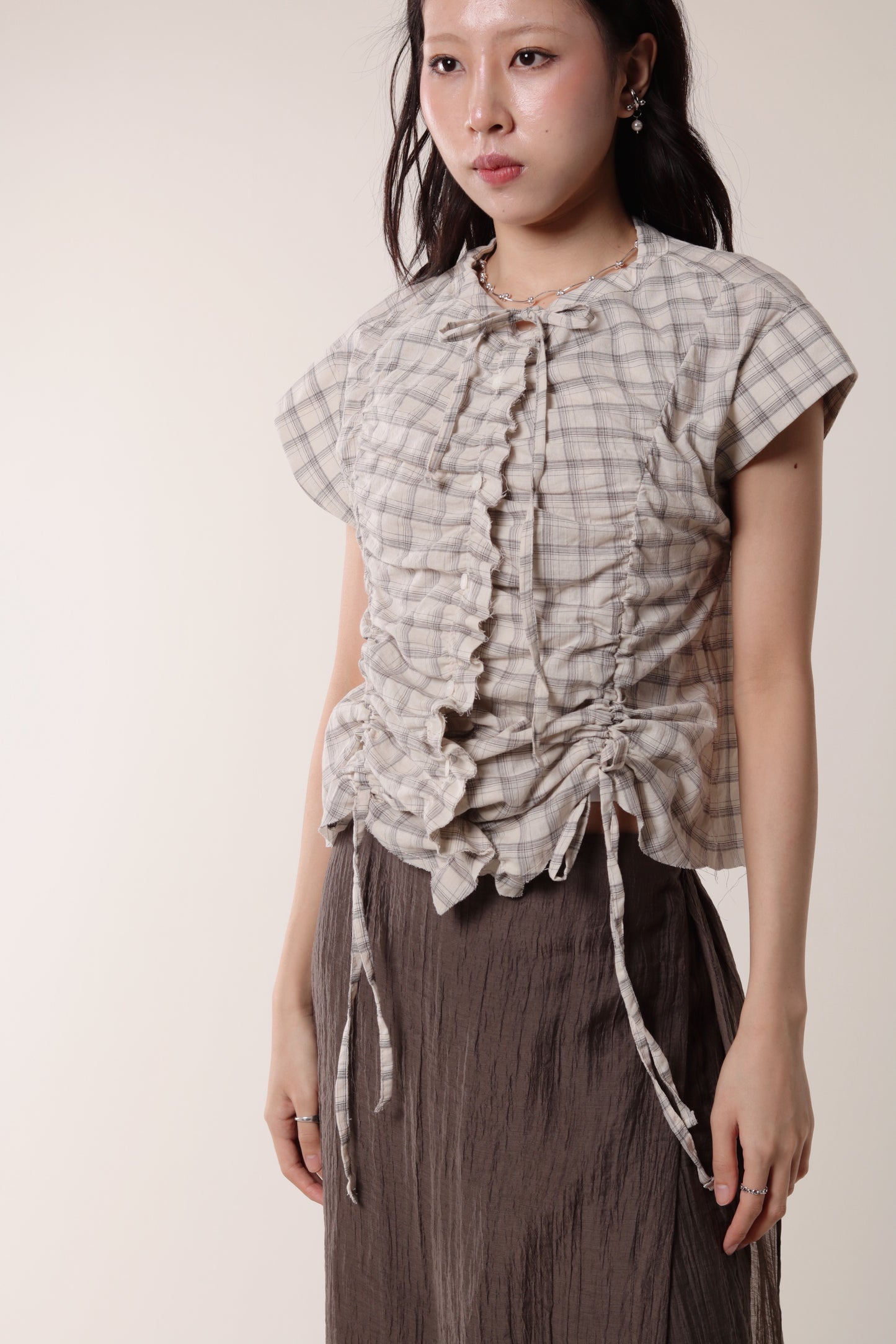 Gathered Check Shirt (Beige)