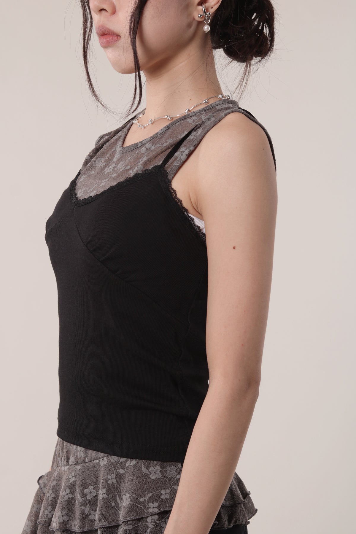 Mesh Flower Sleeveless Top (Charcoal)