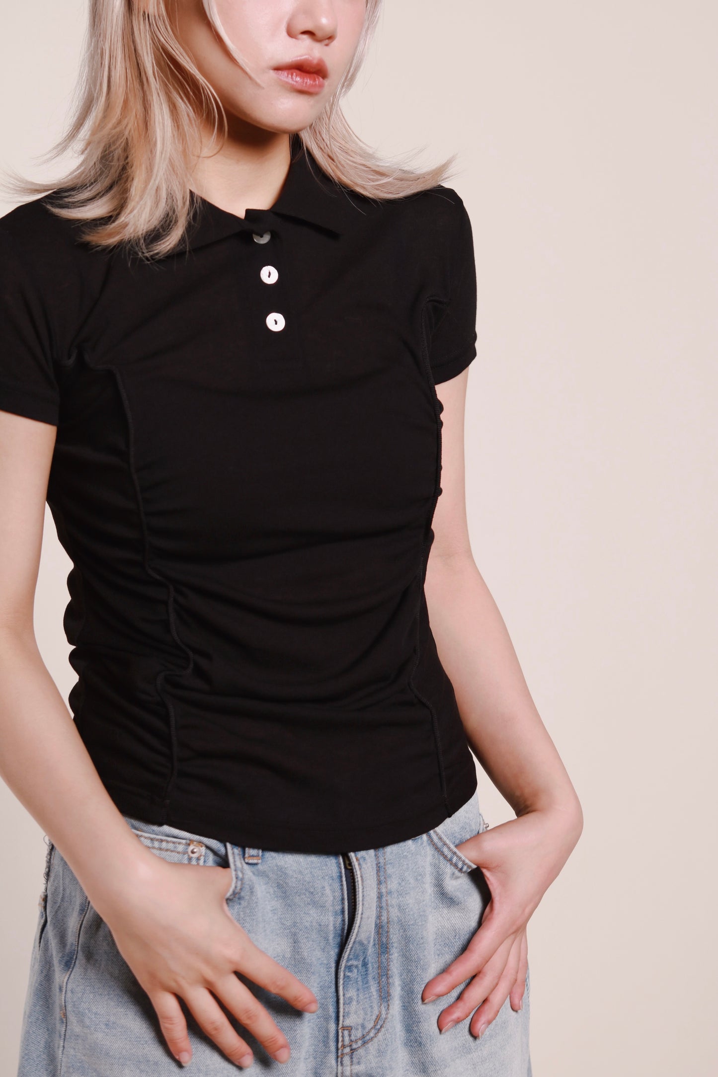 Gathered Polo Top (Black)