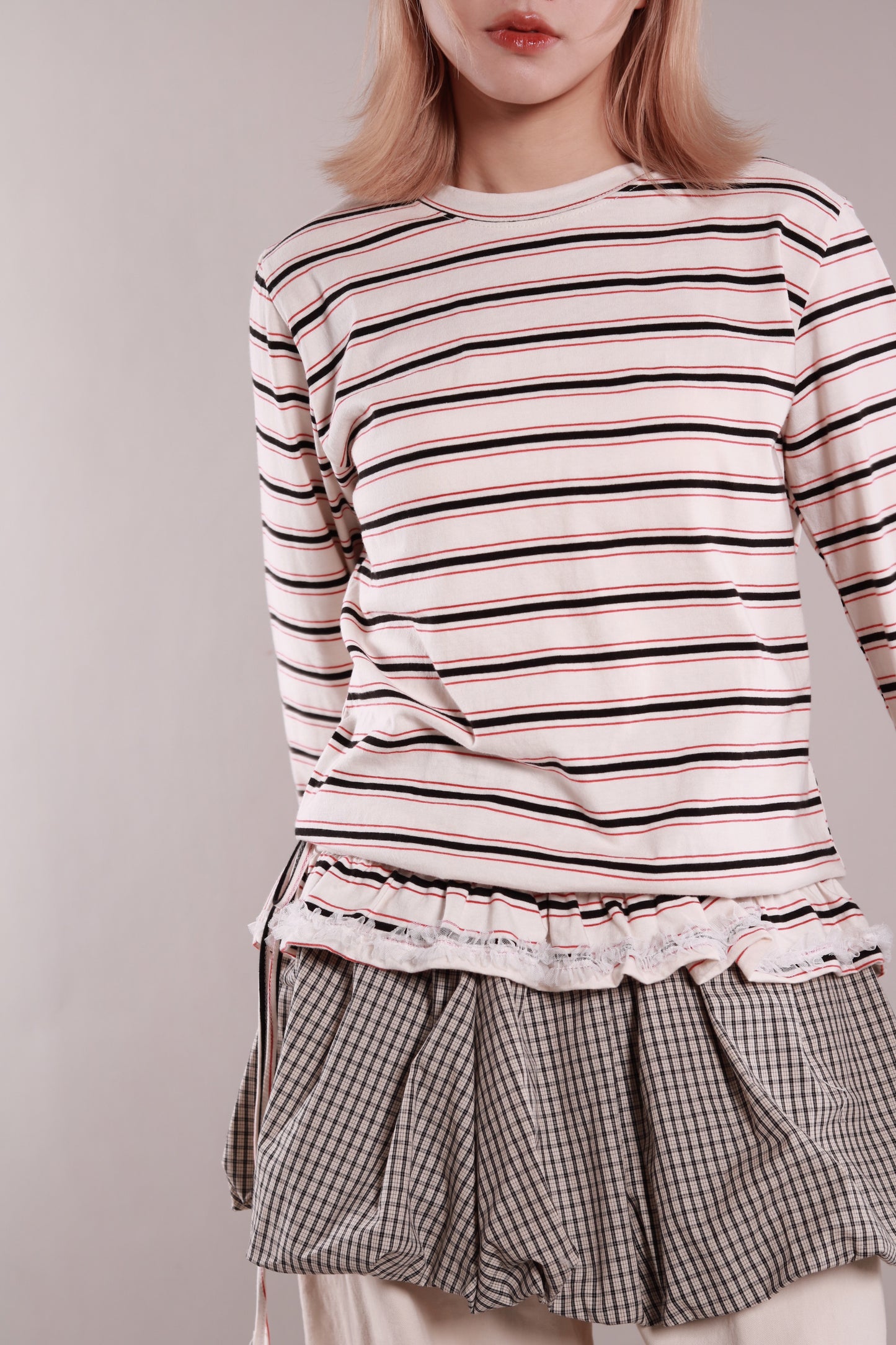 Frilled Lace Stripe Top (Ivory)