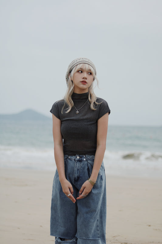 Cap Sleeve Mock Neck Top (Brown)