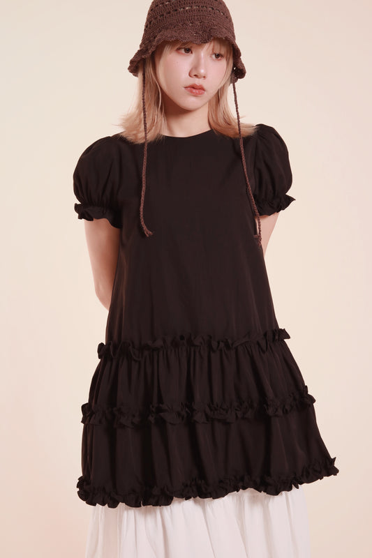 Doll Puff Sleeve Mini Dress (Black)