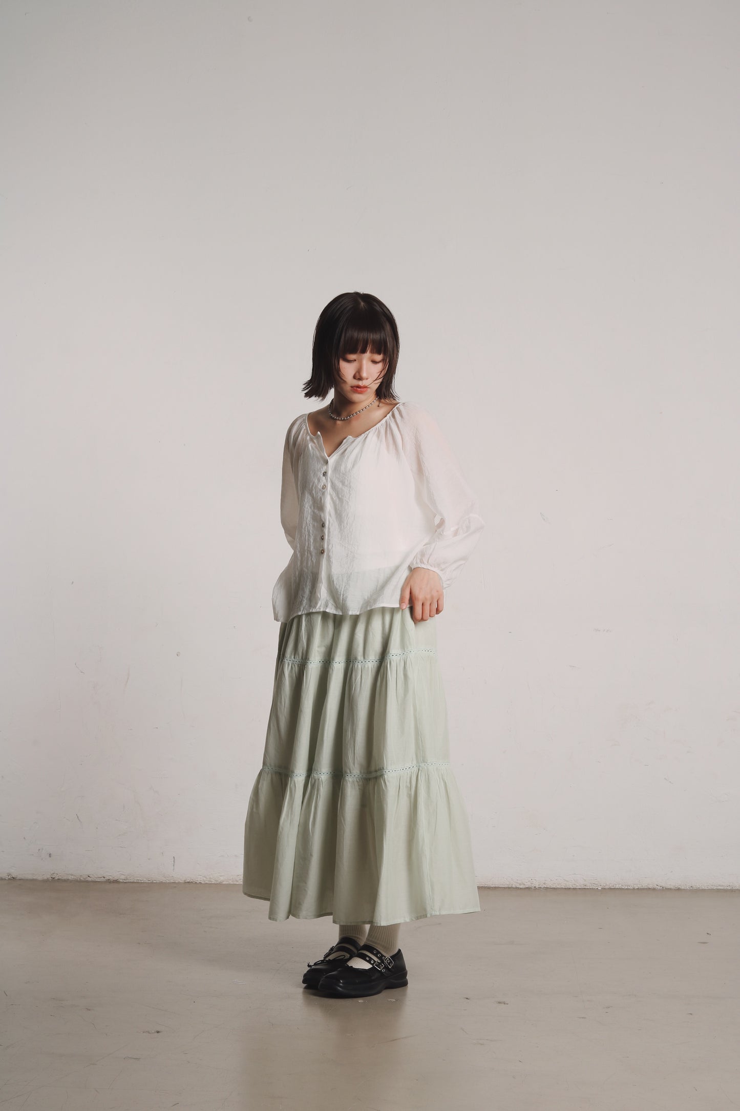 See Through Puff Sleeve Blouse (White)