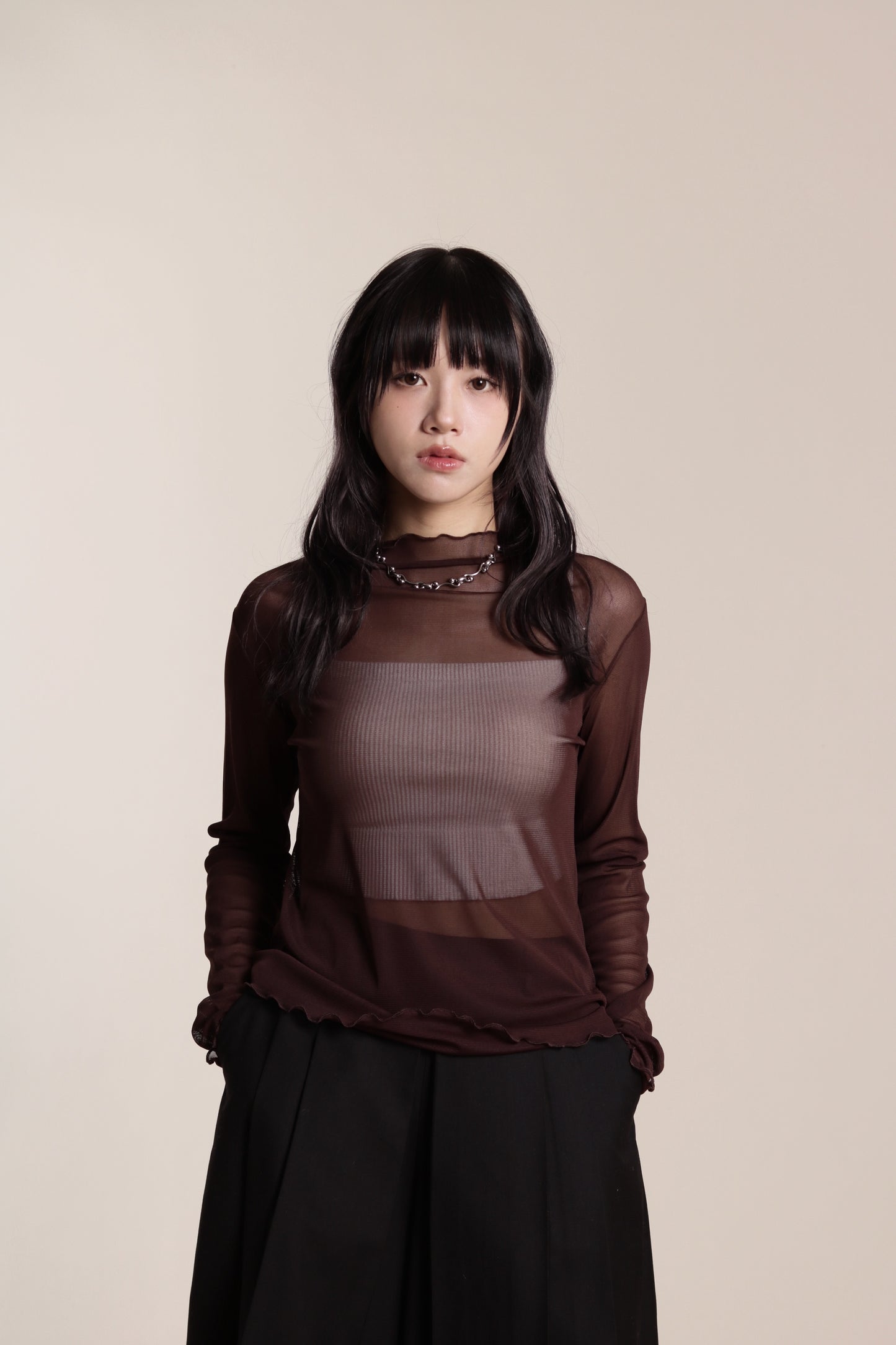Ruffle See Through Top (Brown)
