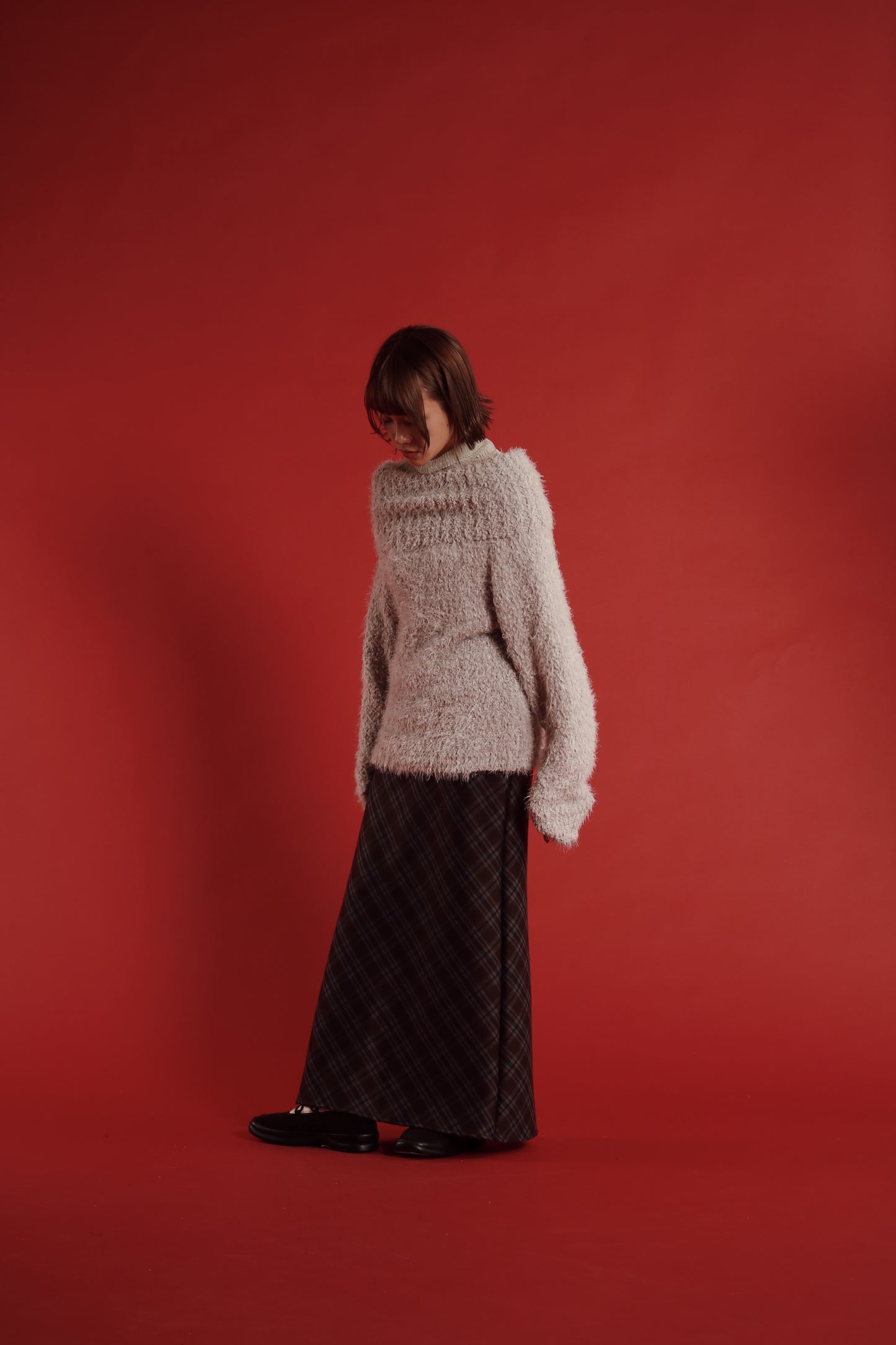 Checkered Slit Skirt (Brown)