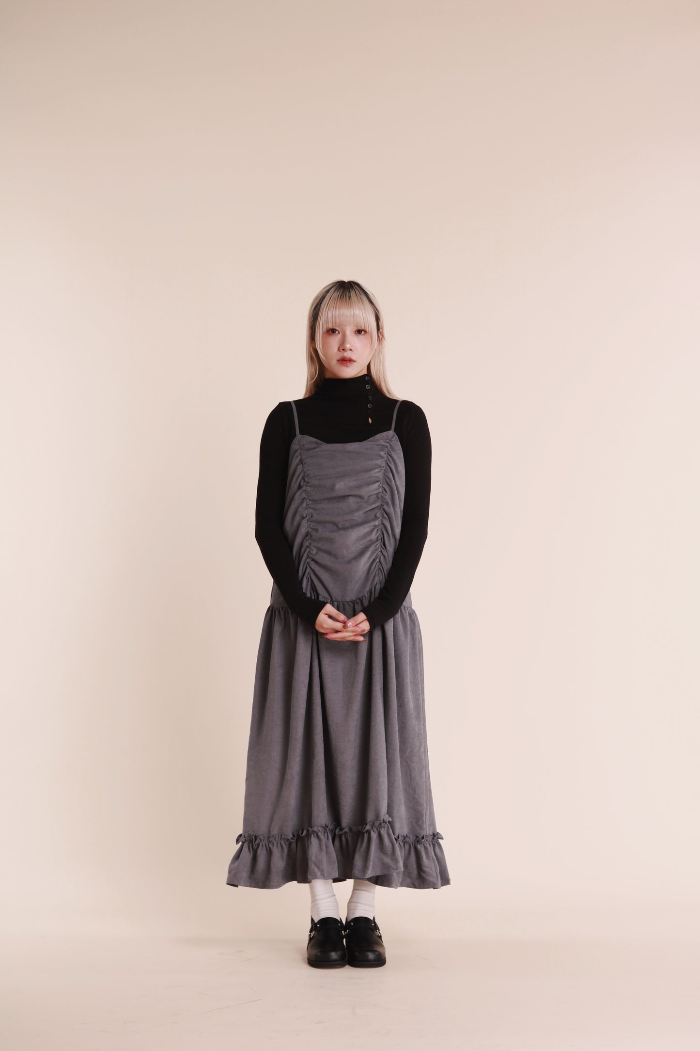 Doll Gathered Ruffle Dress (Grey Blue)