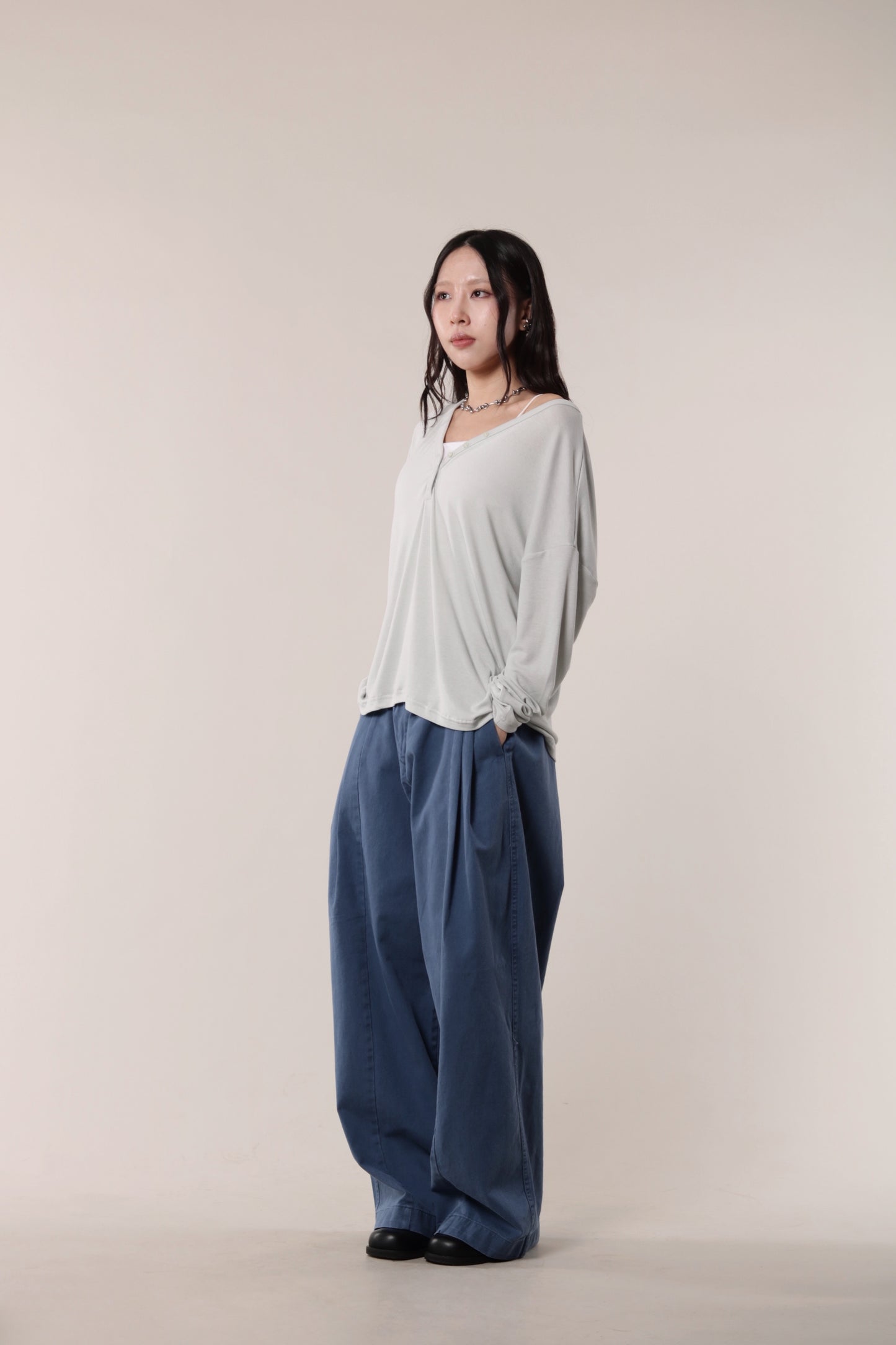 Lazy Button Long Tee (Mint Grey)