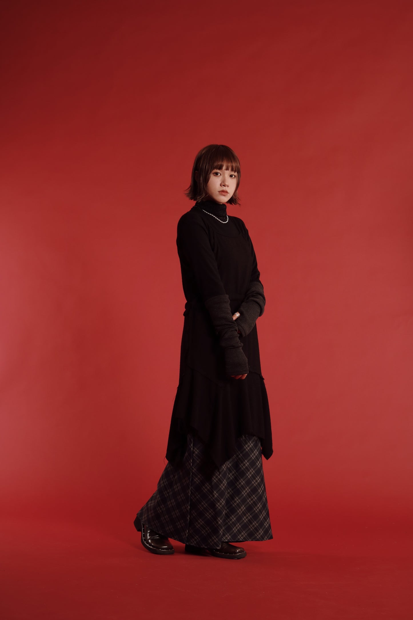 Checkered Slit Skirt (Navy)