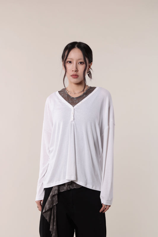 Lazy Button Long Tee (White)