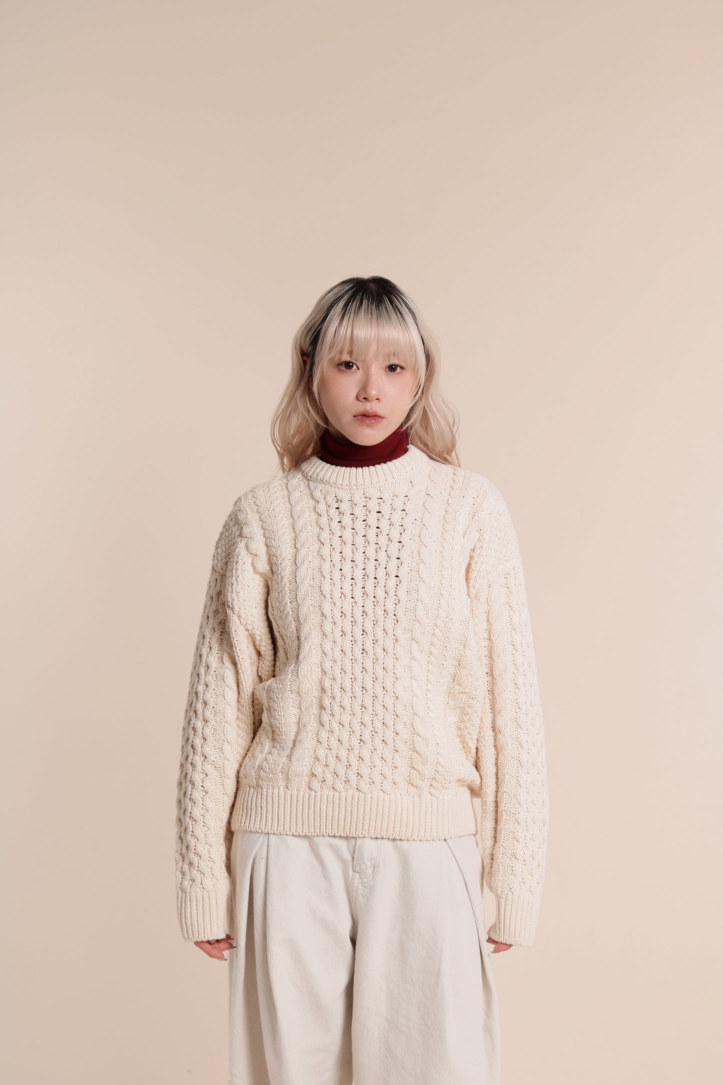 Oversized Cable Knit Sweater (Ivory)