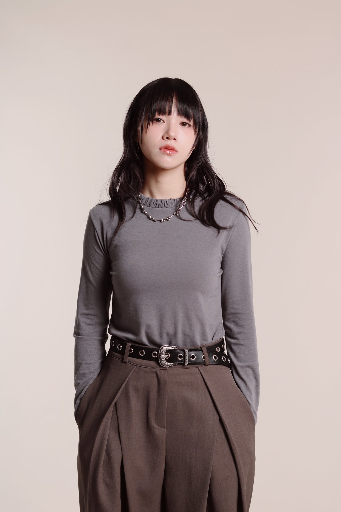 Soft Gathered Neck Top (Charcoal)