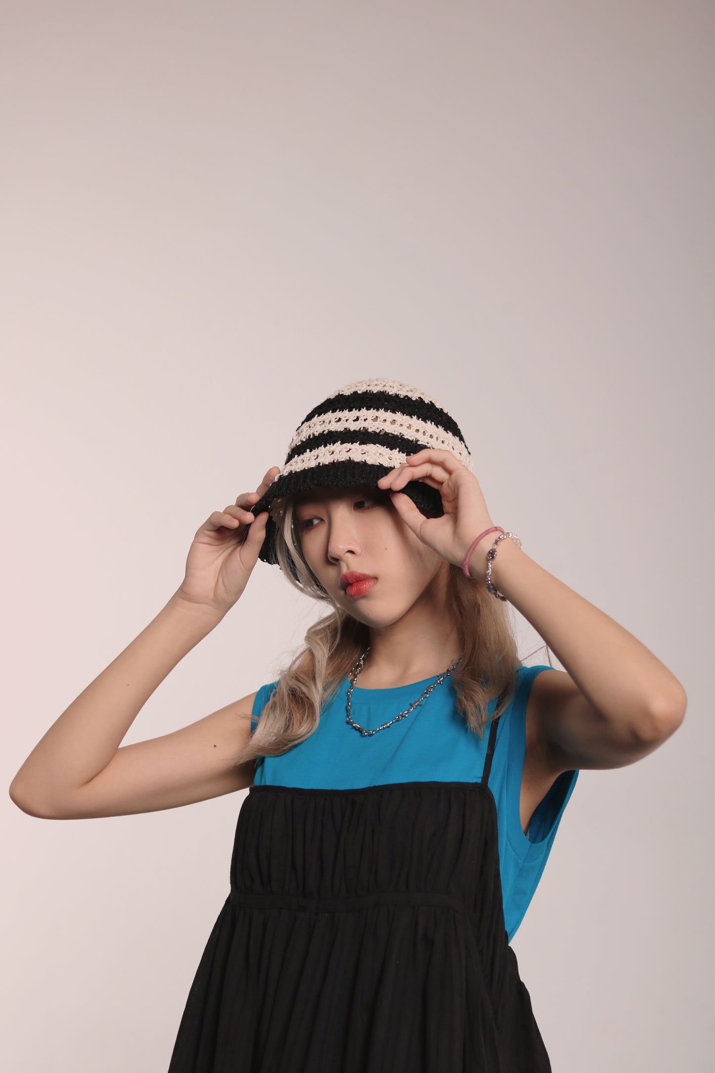 Striped Knit Hat (Beige/Black/Purple)