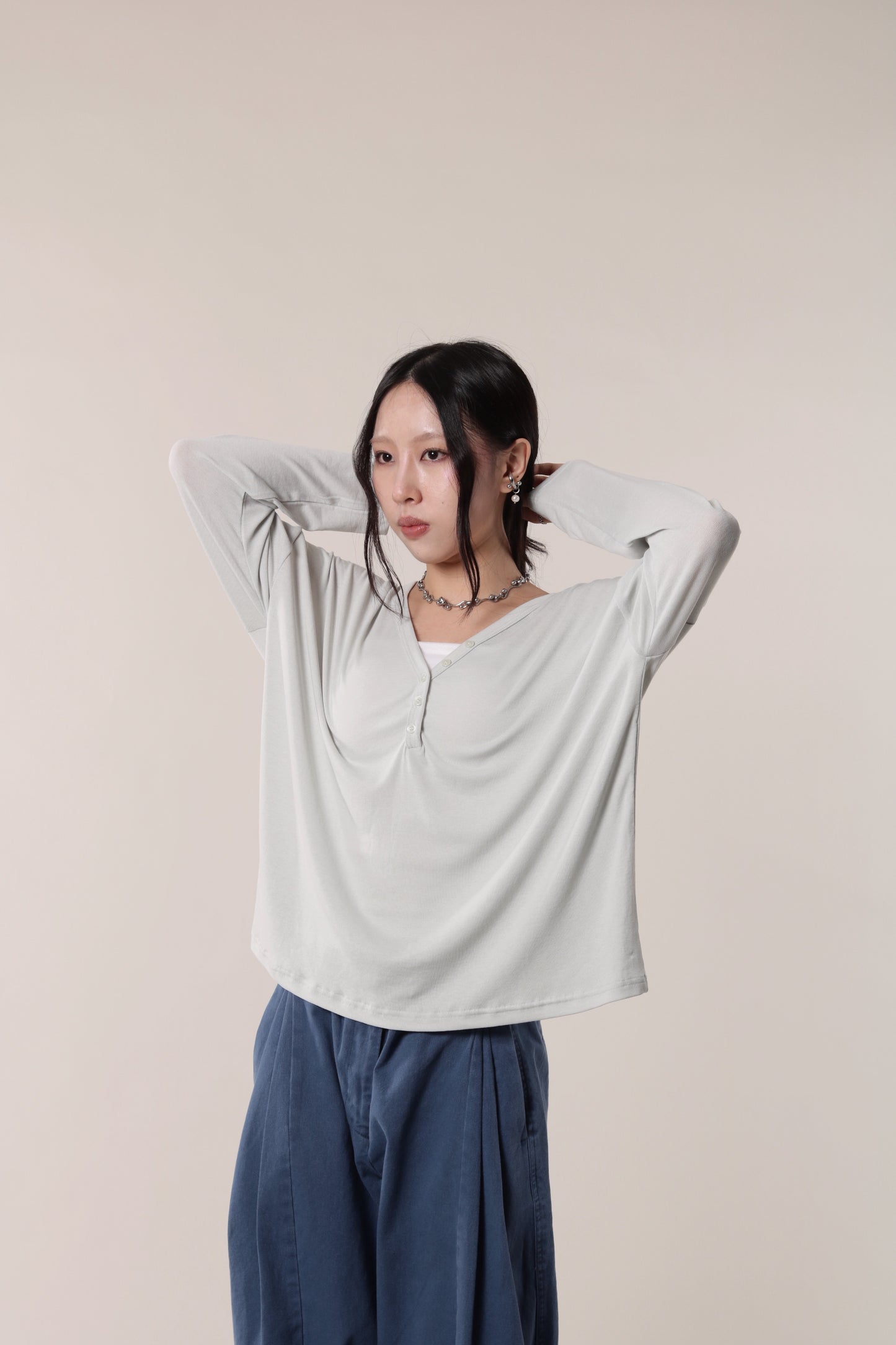 Lazy Button Long Tee (Mint Grey)