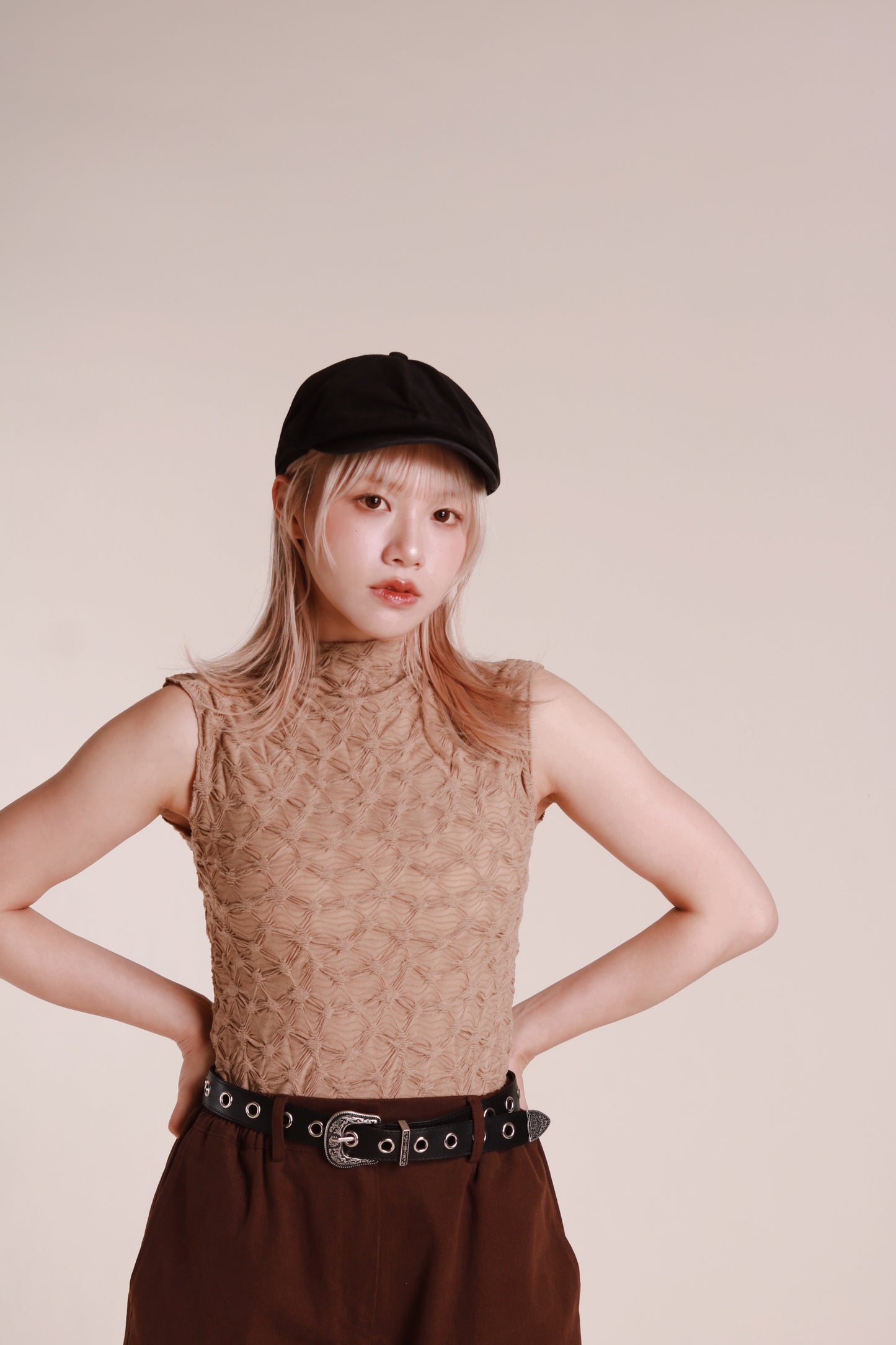 Autumn Gathered Sleeveless Top (Beige)