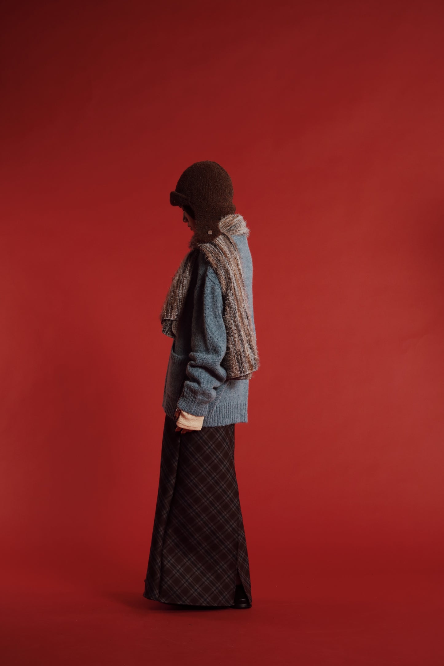 Checkered Slit Skirt (Brown)