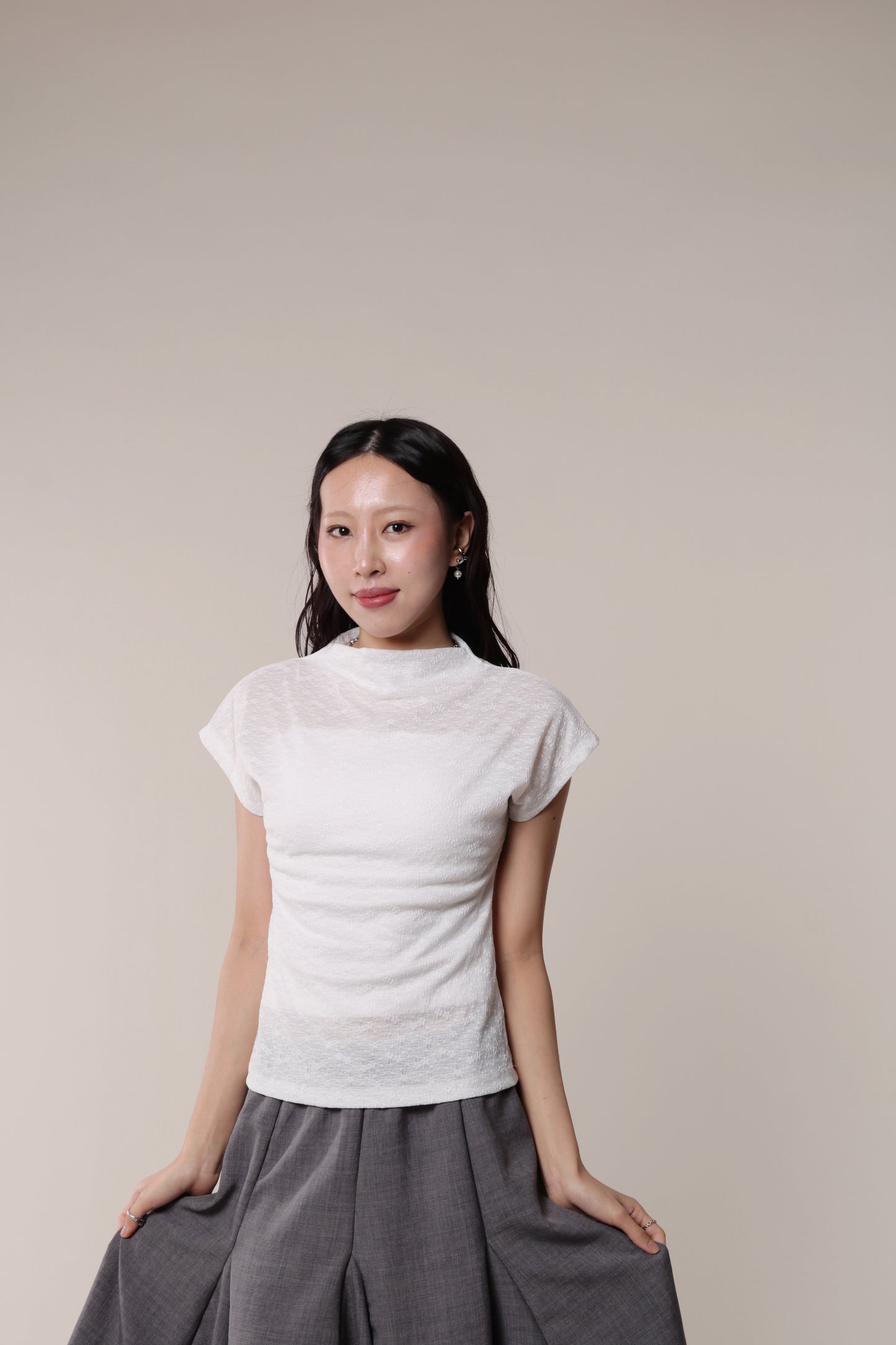 Mesh Mock Neck Top (White)