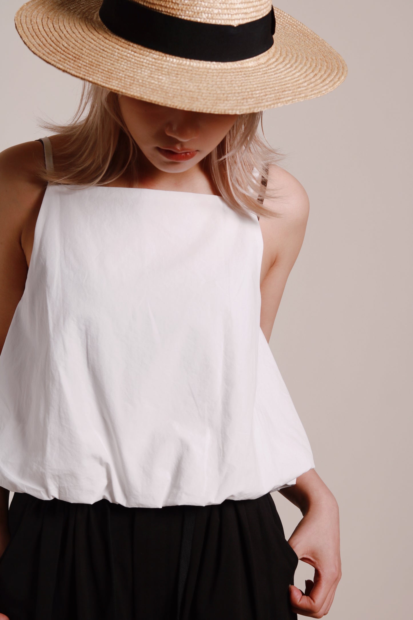 Puffed Sleeveless Top (White)