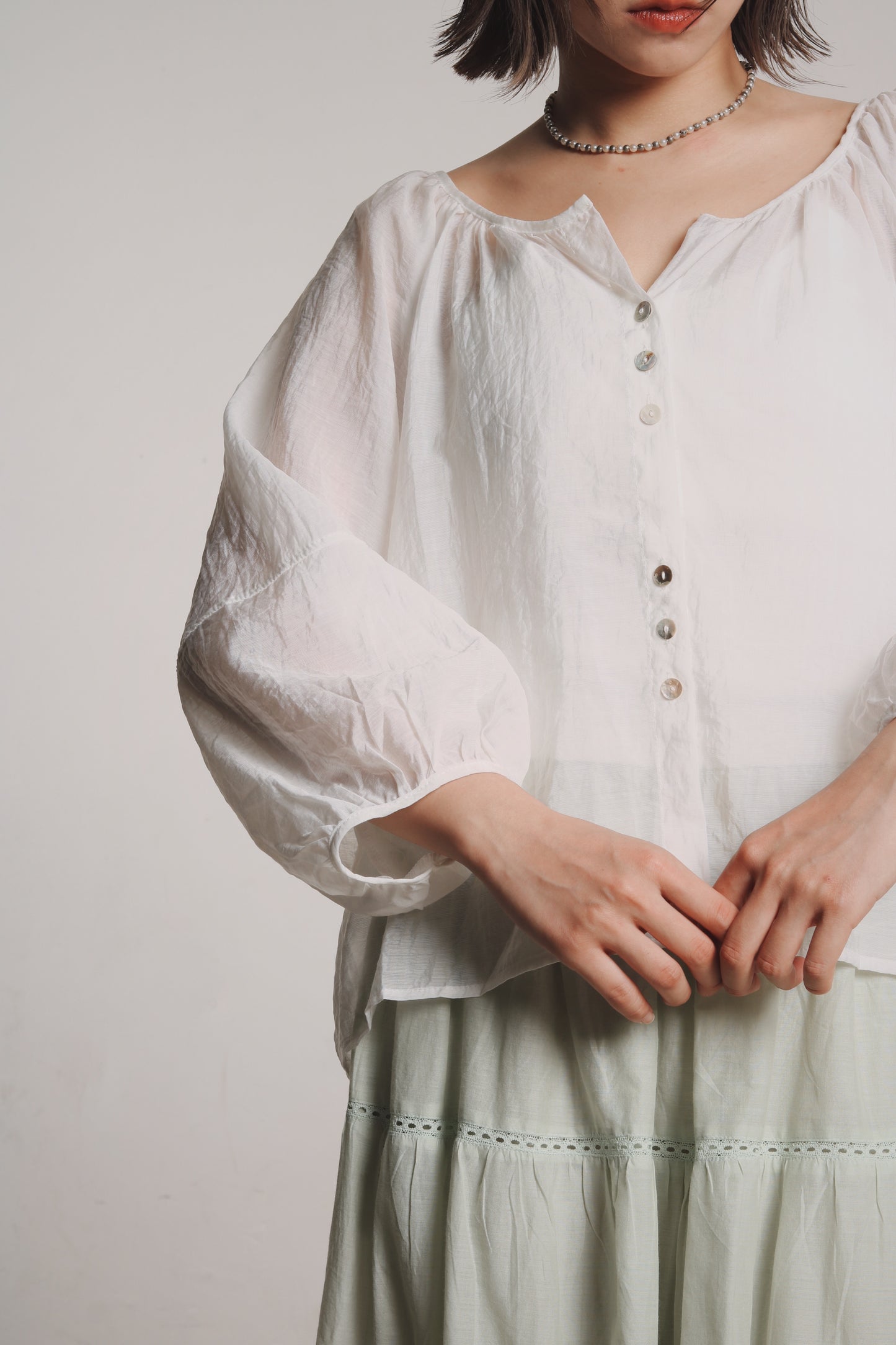 See Through Puff Sleeve Blouse (White)