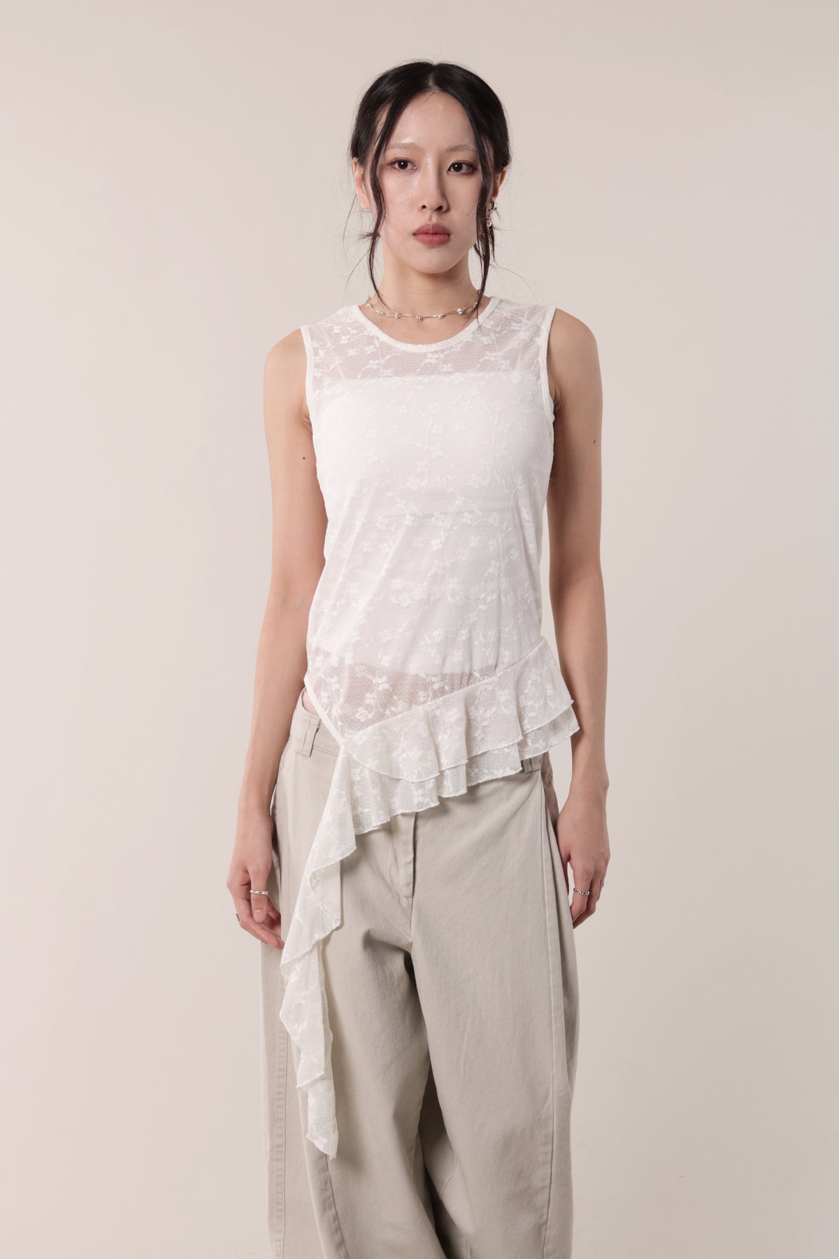 Mesh Flower Sleeveless Top (Ivory)