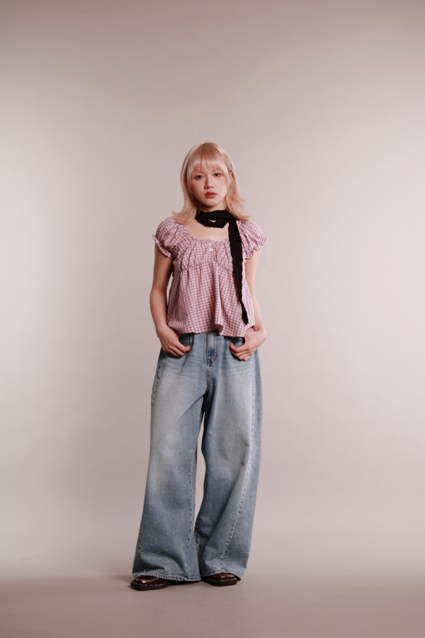 Plaid Button Blouse (Pink)