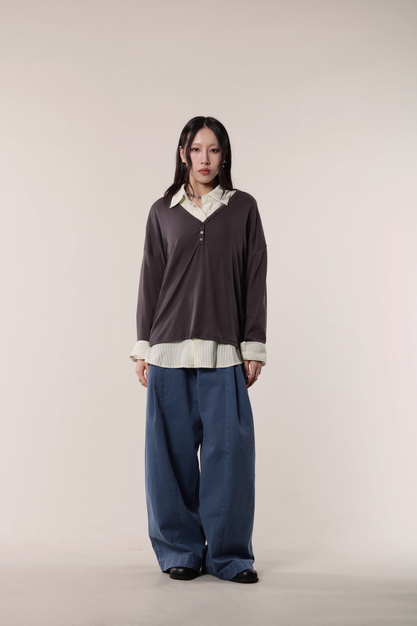 Lazy Button Long Tee (Charcoal)