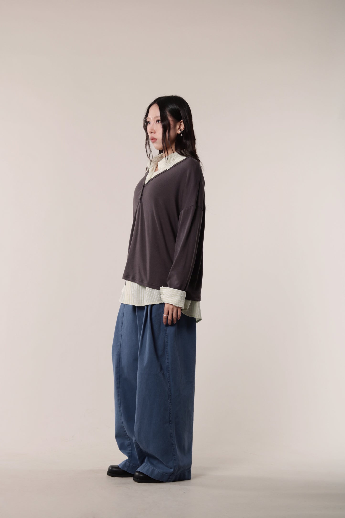 Lazy Button Long Tee (Charcoal)