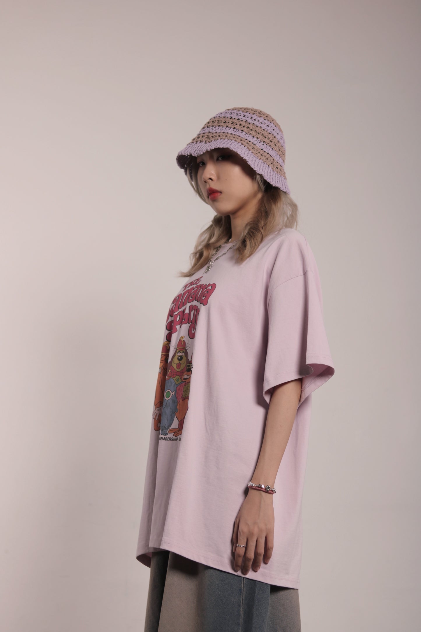 Striped Knit Hat (Beige/Black/Purple)