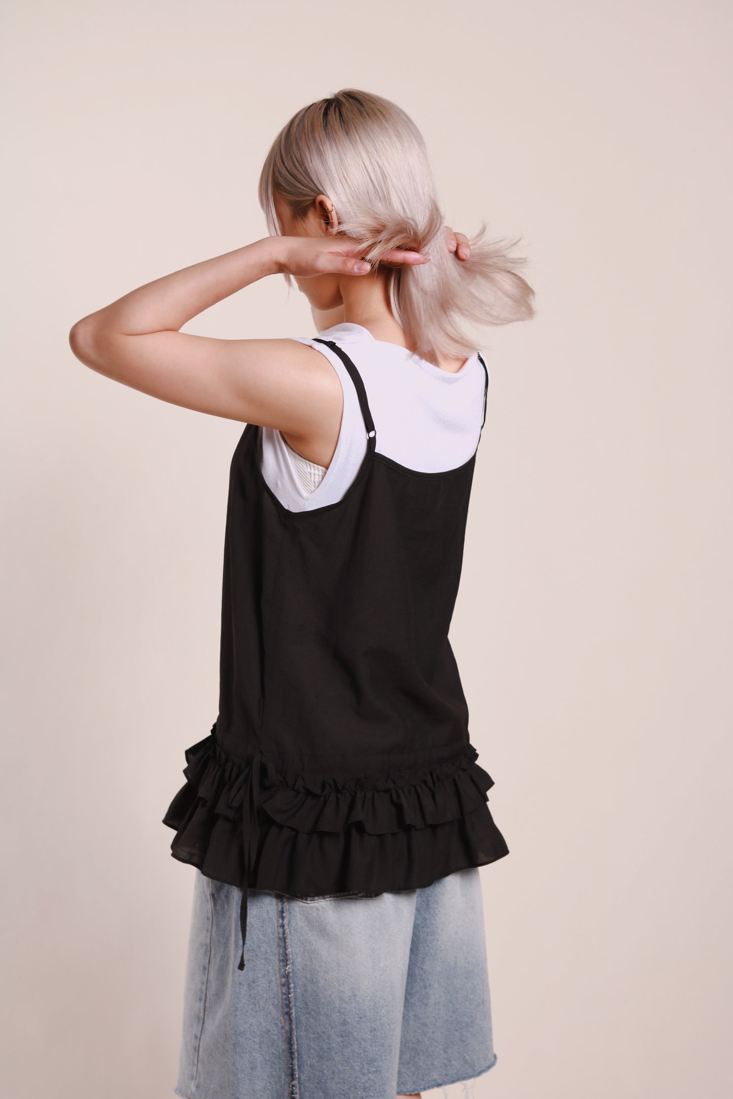 Double Ruffle Sleeveless Top (Black)