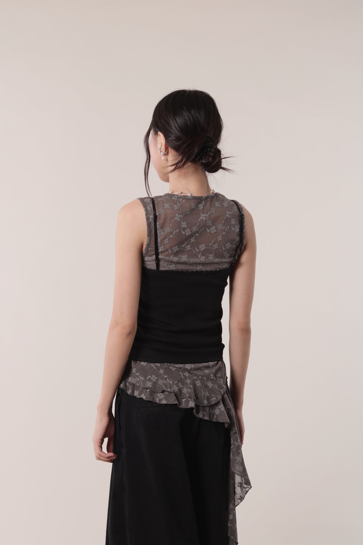 Mesh Flower Sleeveless Top (Charcoal)